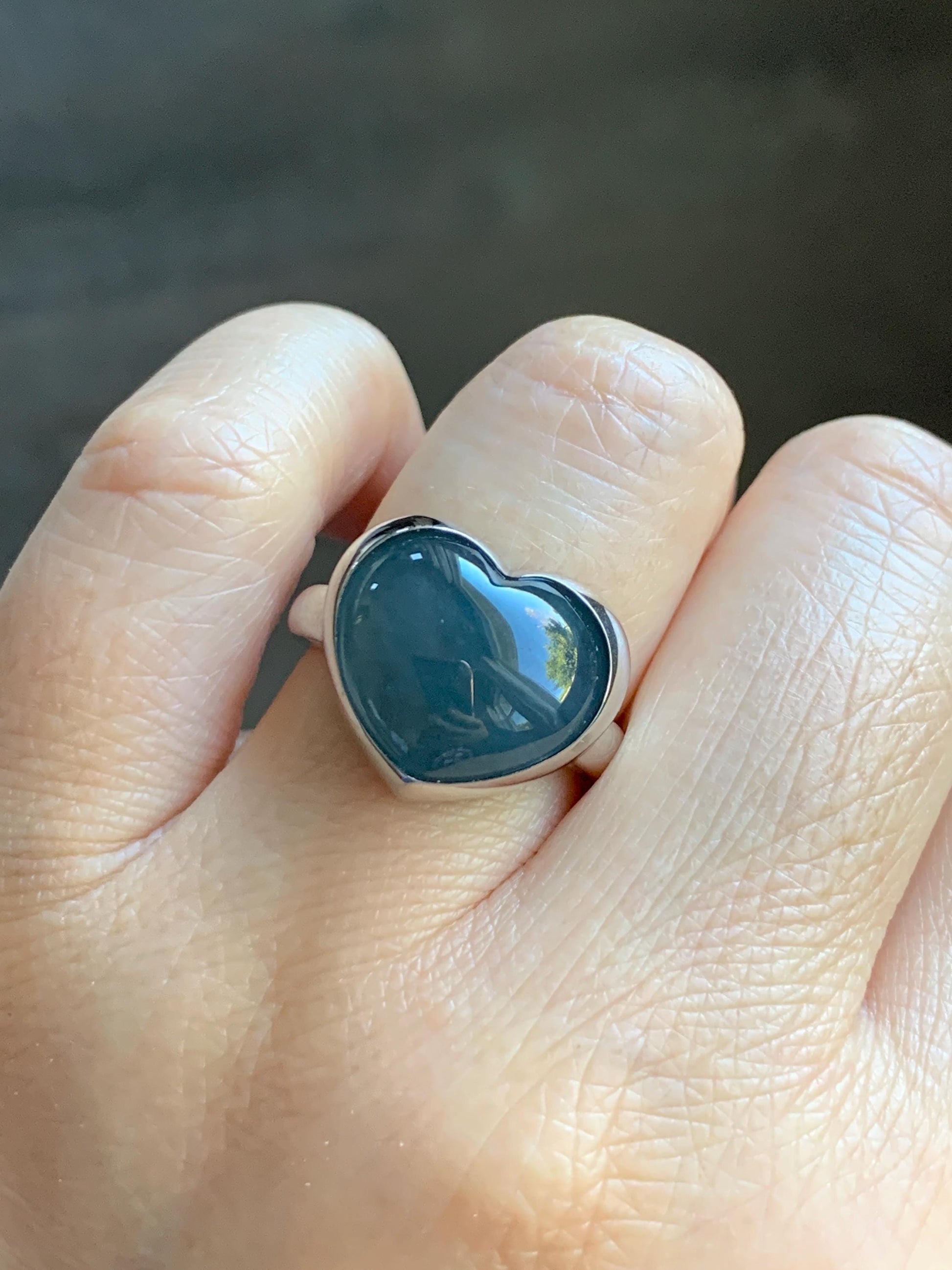 Certified Natural Grade A Guatemalan Icy Translucent Dark Grayish Blue Jade Jadeite Heart Ring Sterling Silver Size 7.25 天然冰危暗蓝翡翠爱心银镶戒指 179