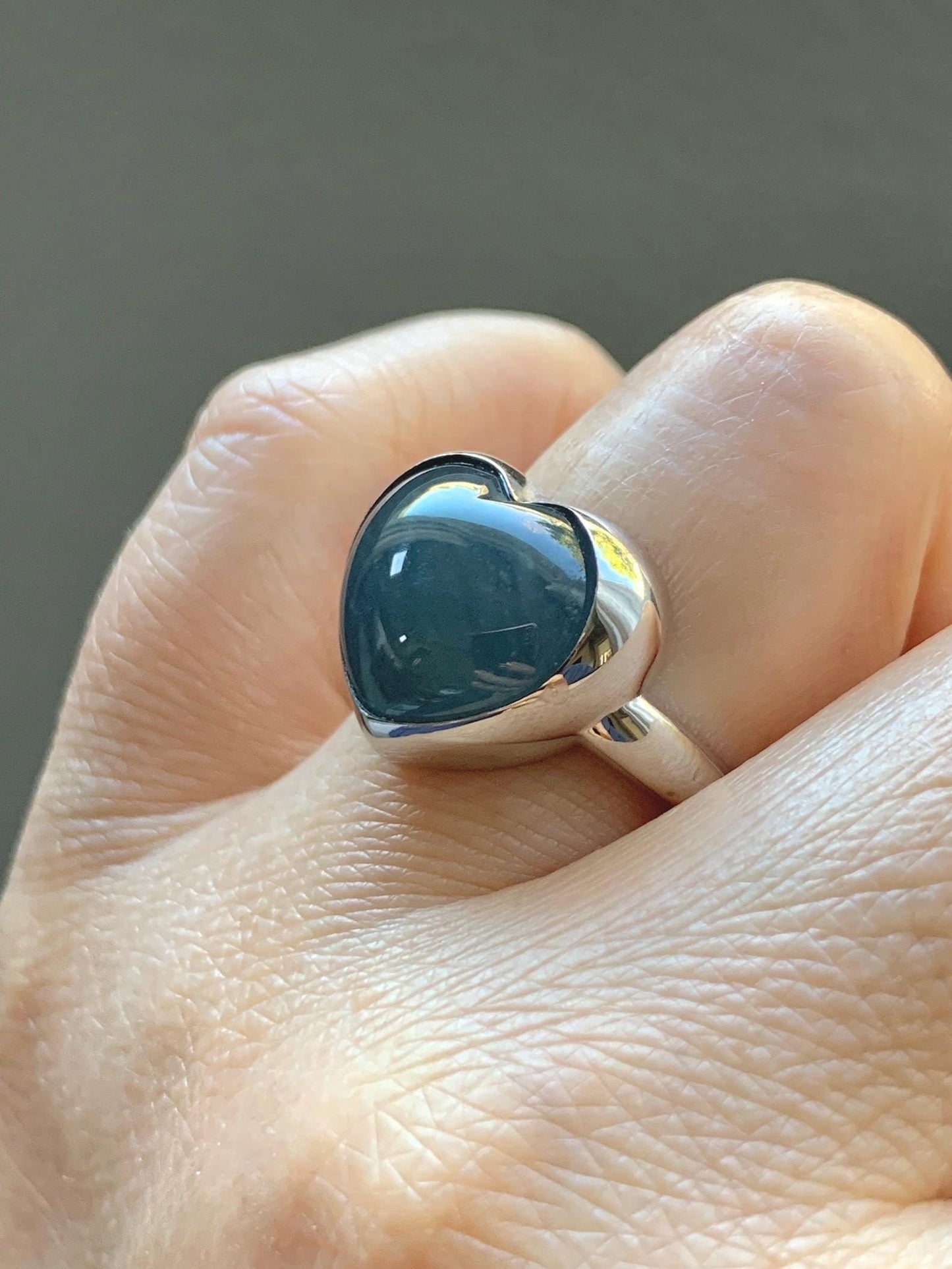 Certified Natural Grade A Guatemalan Icy Translucent Dark Grayish Blue Jade Jadeite Heart Ring Sterling Silver Size 7.25 天然冰危暗蓝翡翠爱心银镶戒指 179