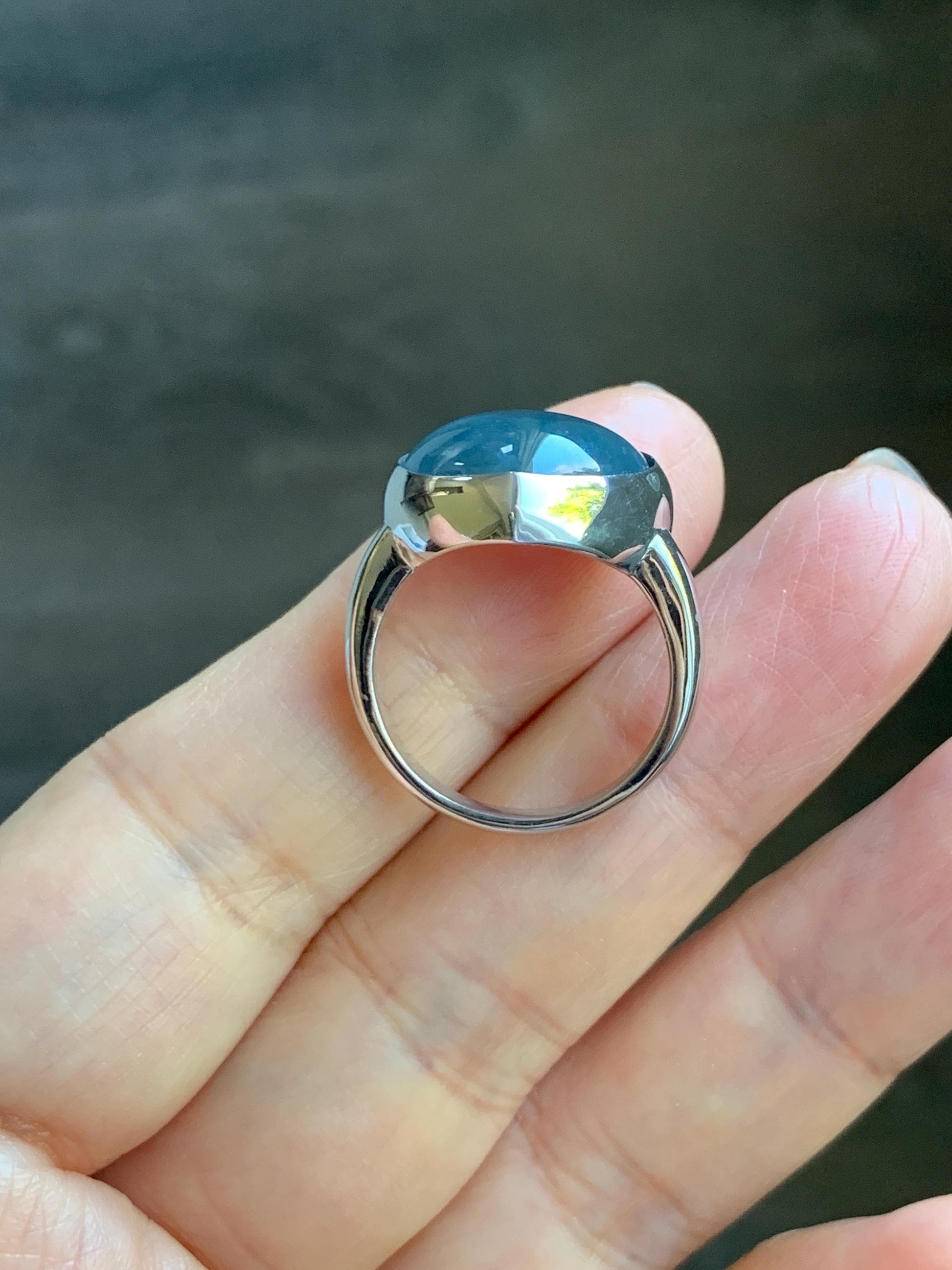 Certified Natural Grade A Guatemalan Icy Translucent Dark Grayish Blue Jade Jadeite Heart Ring Sterling Silver Size 7.25 天然冰危暗蓝翡翠爱心银镶戒指 179