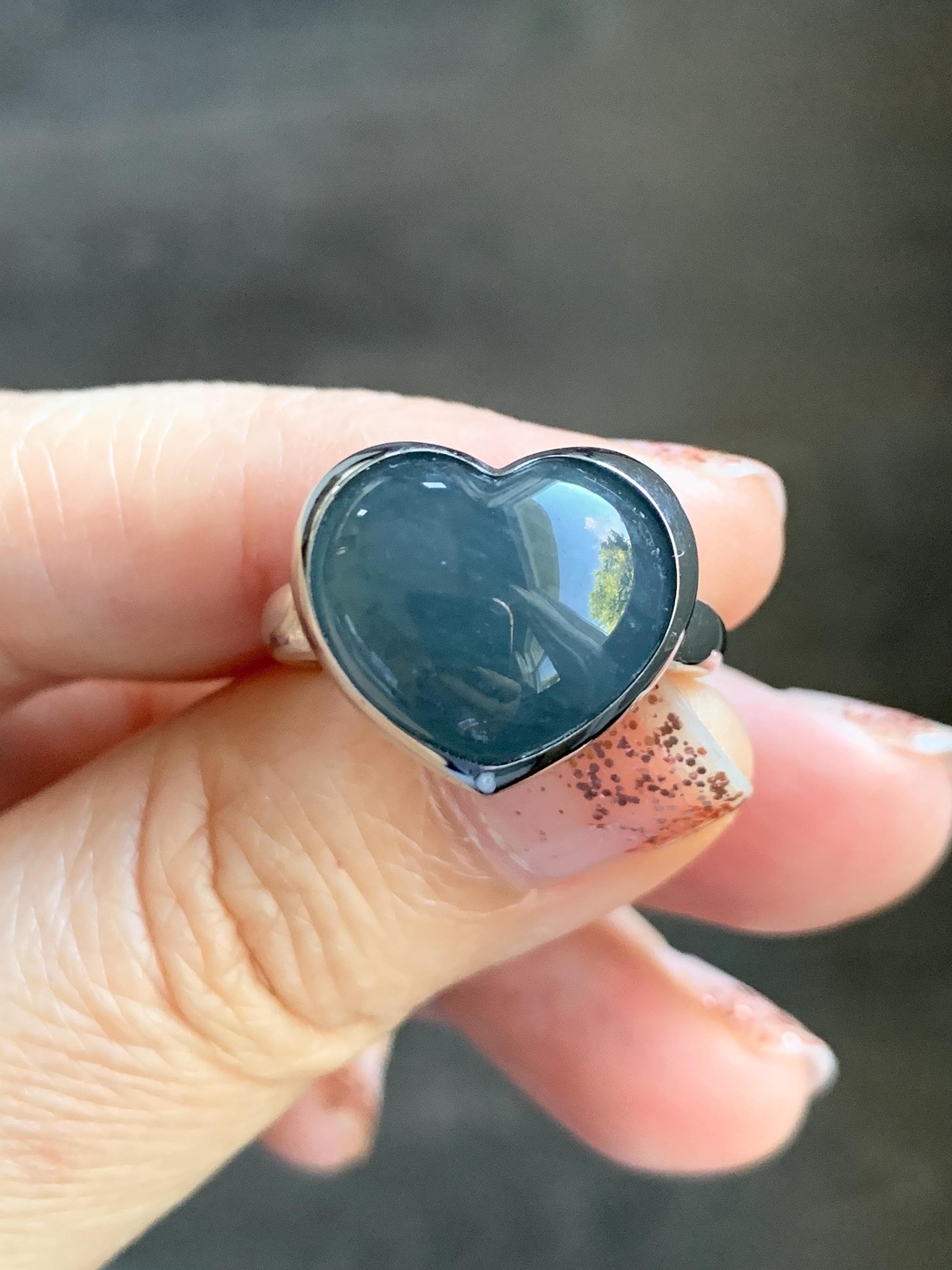 Certified Natural Grade A Guatemalan Icy Translucent Dark Grayish Blue Jade Jadeite Heart Ring Sterling Silver Size 7.25 天然冰危暗蓝翡翠爱心银镶戒指 179