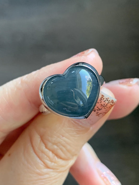 Certified Natural Grade A Guatemalan Icy Translucent Dark Grayish Blue Jade Jadeite Heart Ring Sterling Silver Size 7.25 天然冰危暗蓝翡翠爱心银镶戒指 179