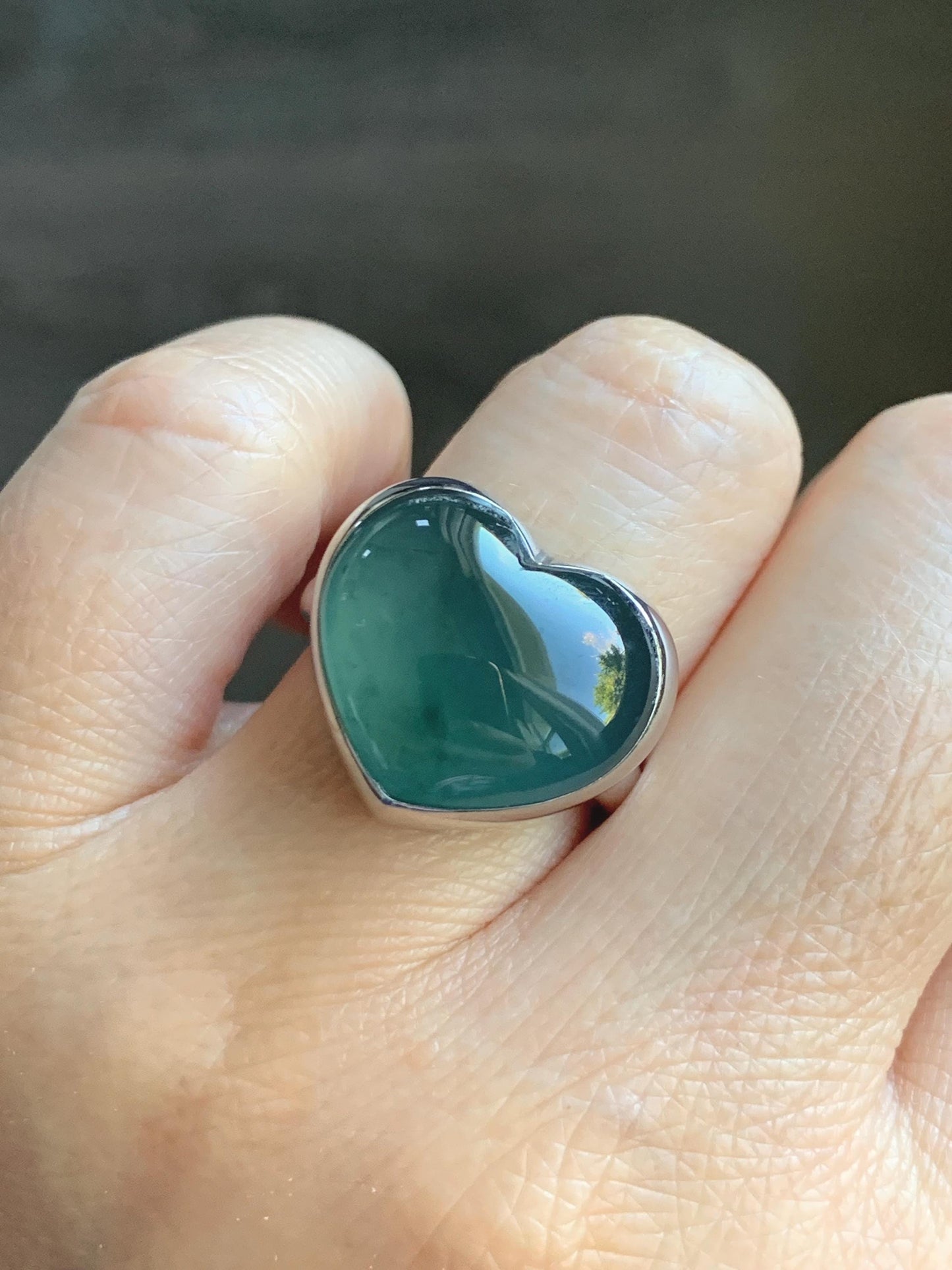 Certified Natural Grade A Guatemalan Icy Translucent Dark Teal Blue Jade Jadeite Heart Ring Sterling Silver Size 7.25 天然冰危蓝绿翡翠爱心银镶戒指 184