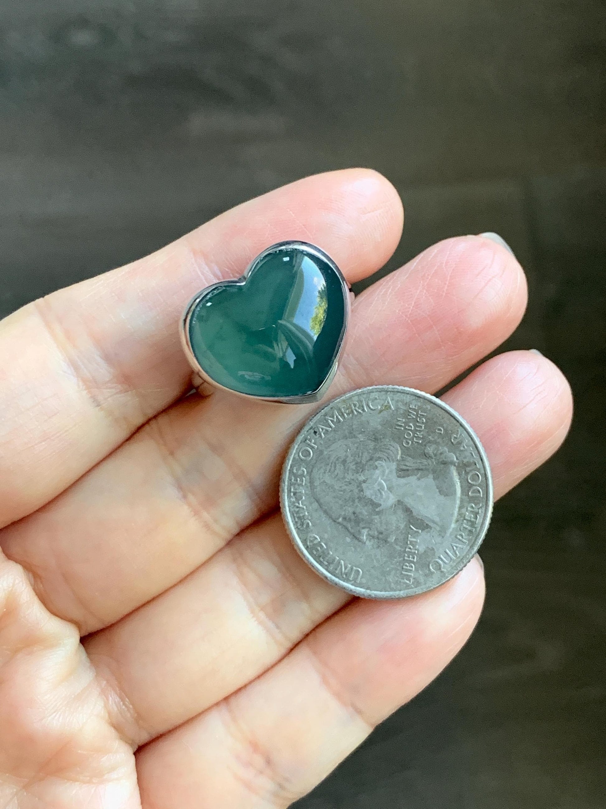 Certified Natural Grade A Guatemalan Icy Translucent Dark Teal Blue Jade Jadeite Heart Ring Sterling Silver Size 7.25 天然冰危蓝绿翡翠爱心银镶戒指 184