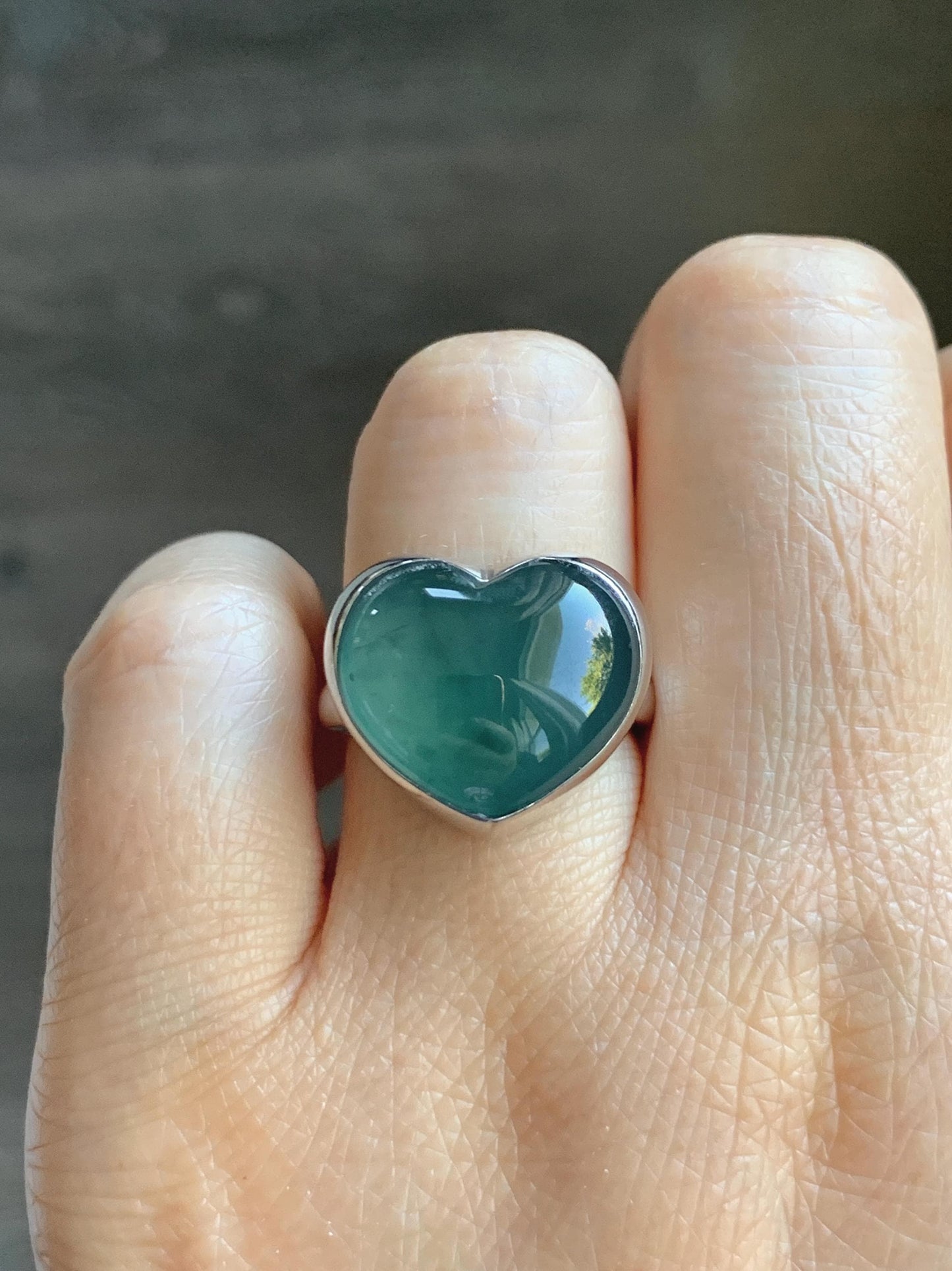 Certified Natural Grade A Guatemalan Icy Translucent Dark Teal Blue Jade Jadeite Heart Ring Sterling Silver Size 7.25 天然冰危蓝绿翡翠爱心银镶戒指 184