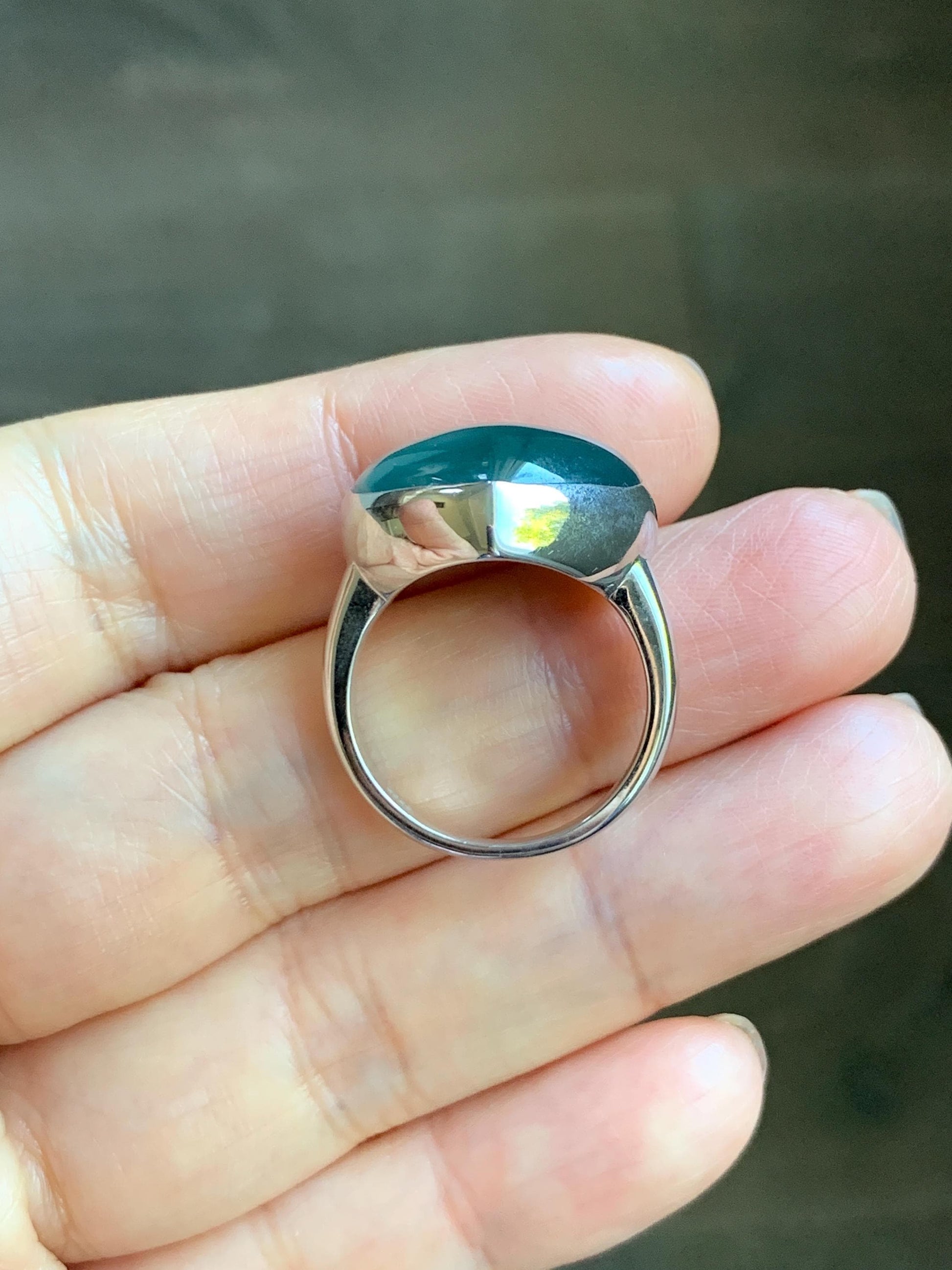 Certified Natural Grade A Guatemalan Icy Translucent Dark Teal Blue Jade Jadeite Heart Ring Sterling Silver Size 7.25 天然冰危蓝绿翡翠爱心银镶戒指 184