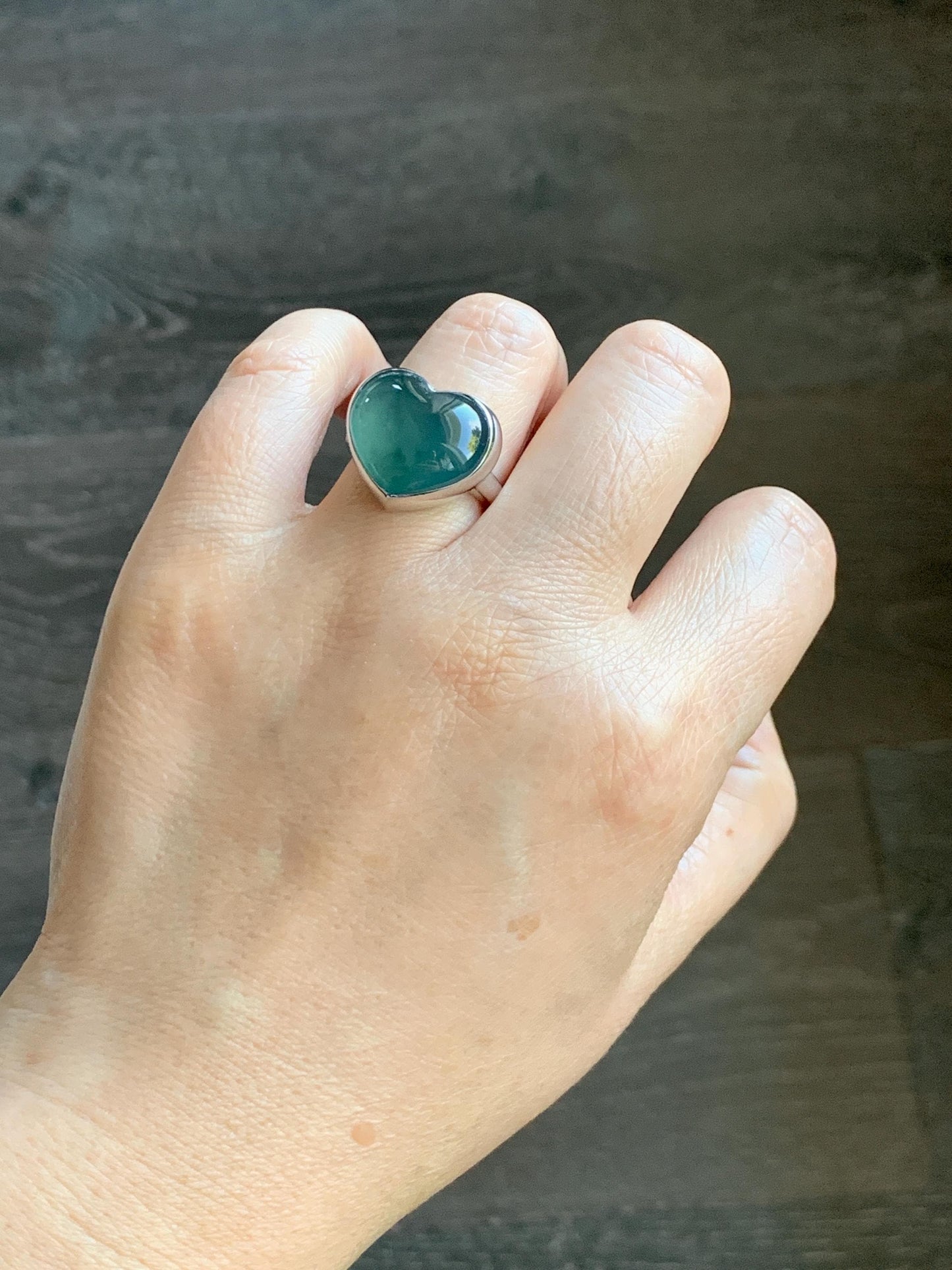 Certified Natural Grade A Guatemalan Icy Translucent Dark Teal Blue Jade Jadeite Heart Ring Sterling Silver Size 7.25 天然冰危蓝绿翡翠爱心银镶戒指 184