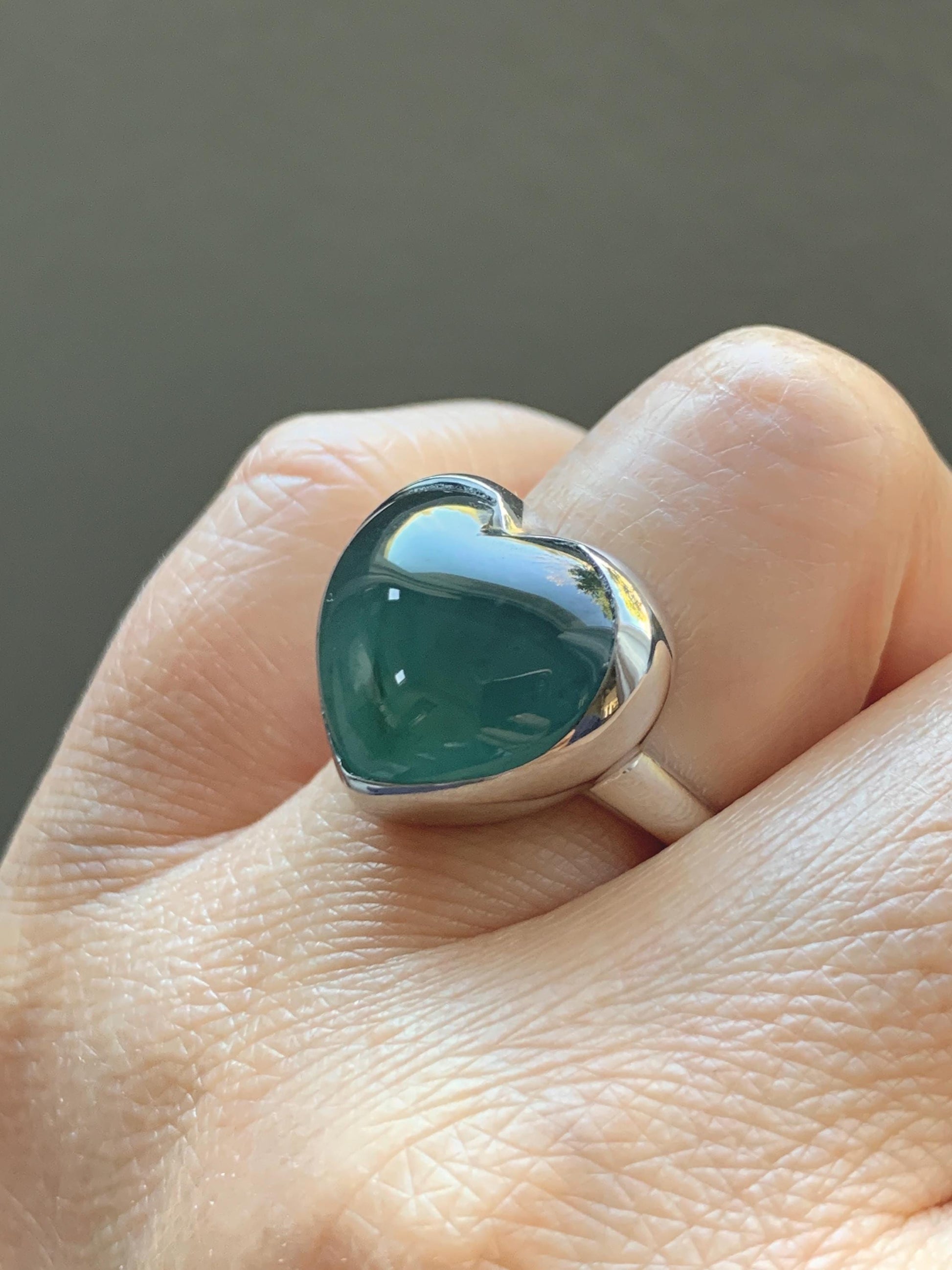 Certified Natural Grade A Guatemalan Icy Translucent Dark Teal Blue Jade Jadeite Heart Ring Sterling Silver Size 7.25 天然冰危蓝绿翡翠爱心银镶戒指 184