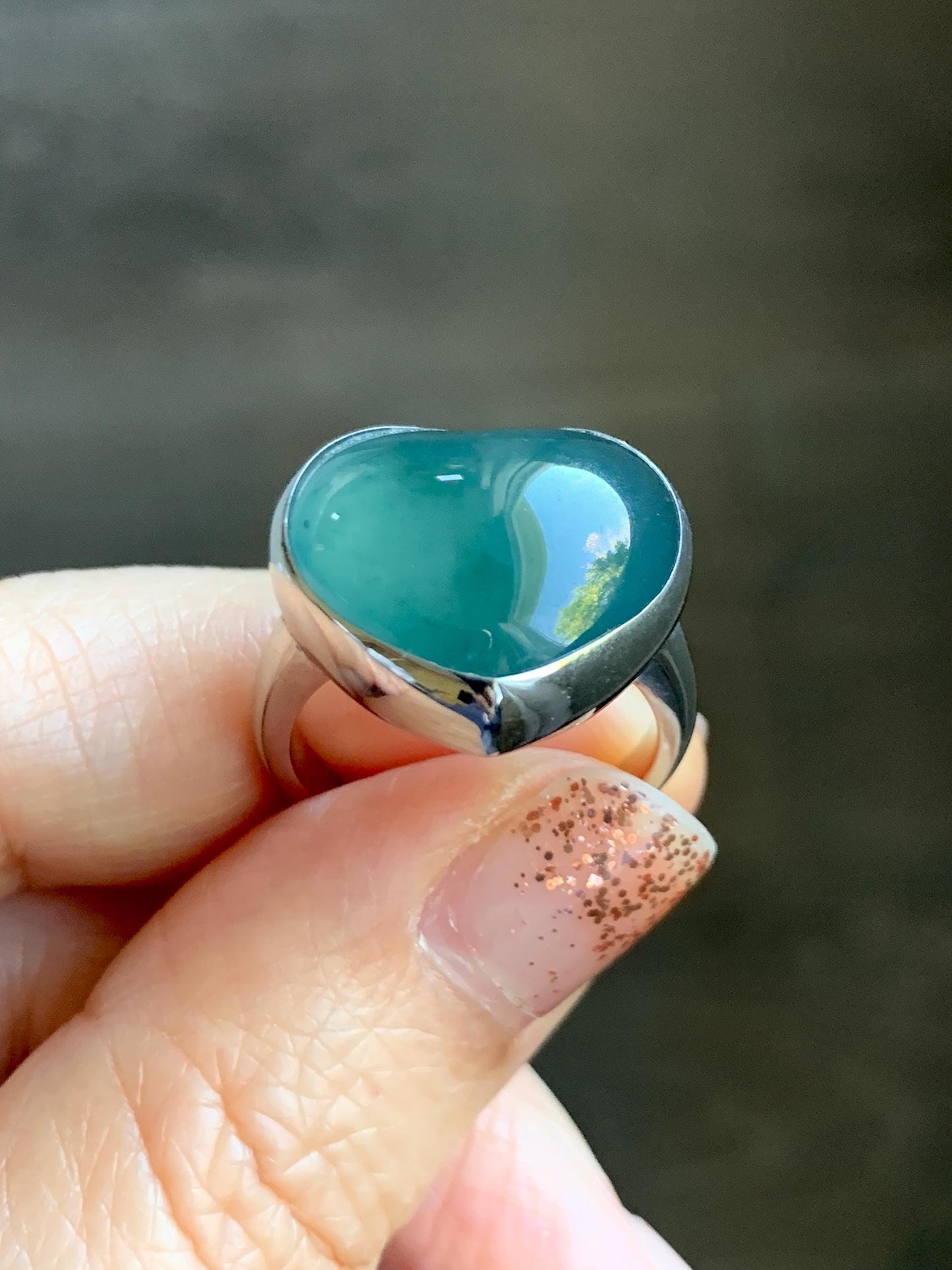 Certified Natural Grade A Guatemalan Icy Translucent Dark Teal Blue Jade Jadeite Heart Ring Sterling Silver Size 7.25 天然冰危蓝绿翡翠爱心银镶戒指 184