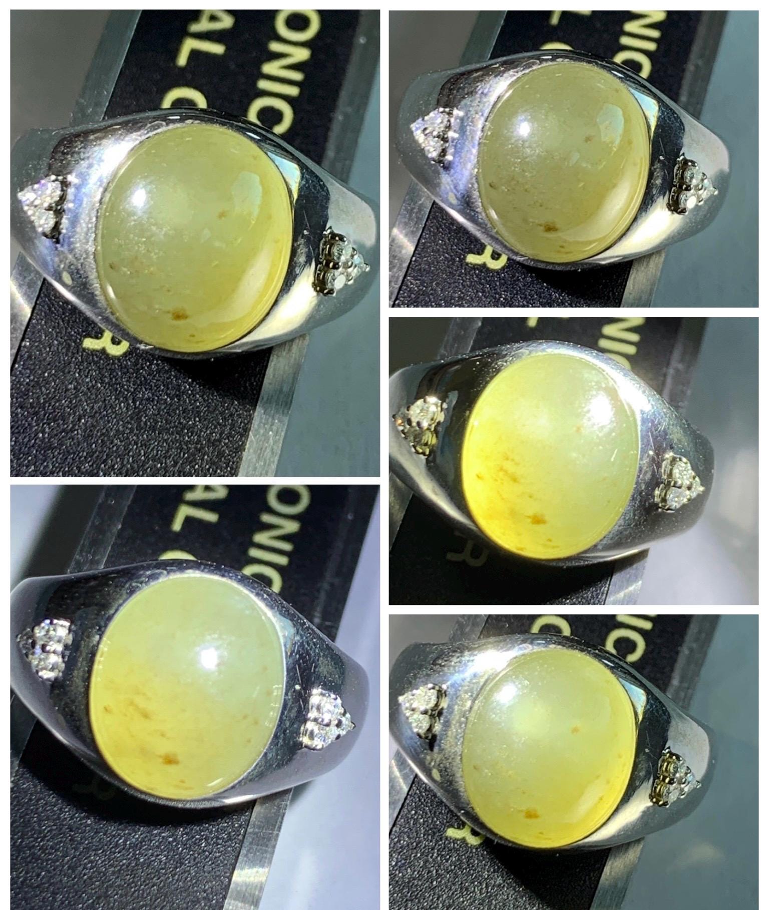 Certified Natural Grade A Icy Translucent Dusty Tea Yellow Jade Jadeite Oval Ring Sterling Silver Size 7 US 7.76g 天然冰茶黄撒金翡翠银镶戒指 183