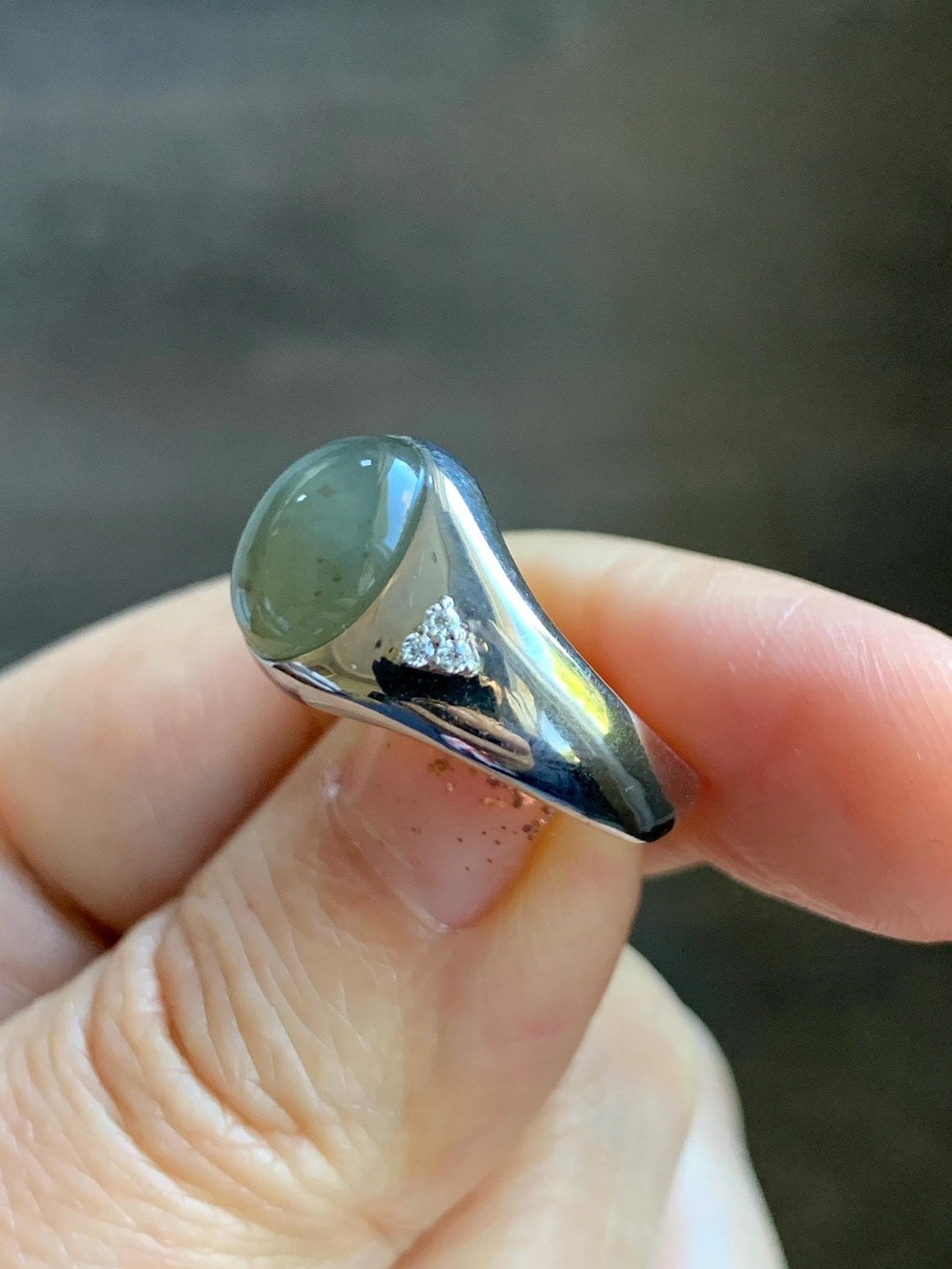 Certified Natural Grade A Icy Translucent Dusty Tea Yellow Jade Jadeite Oval Ring Sterling Silver Size 7 US 7.76g 天然冰茶黄撒金翡翠银镶戒指 183