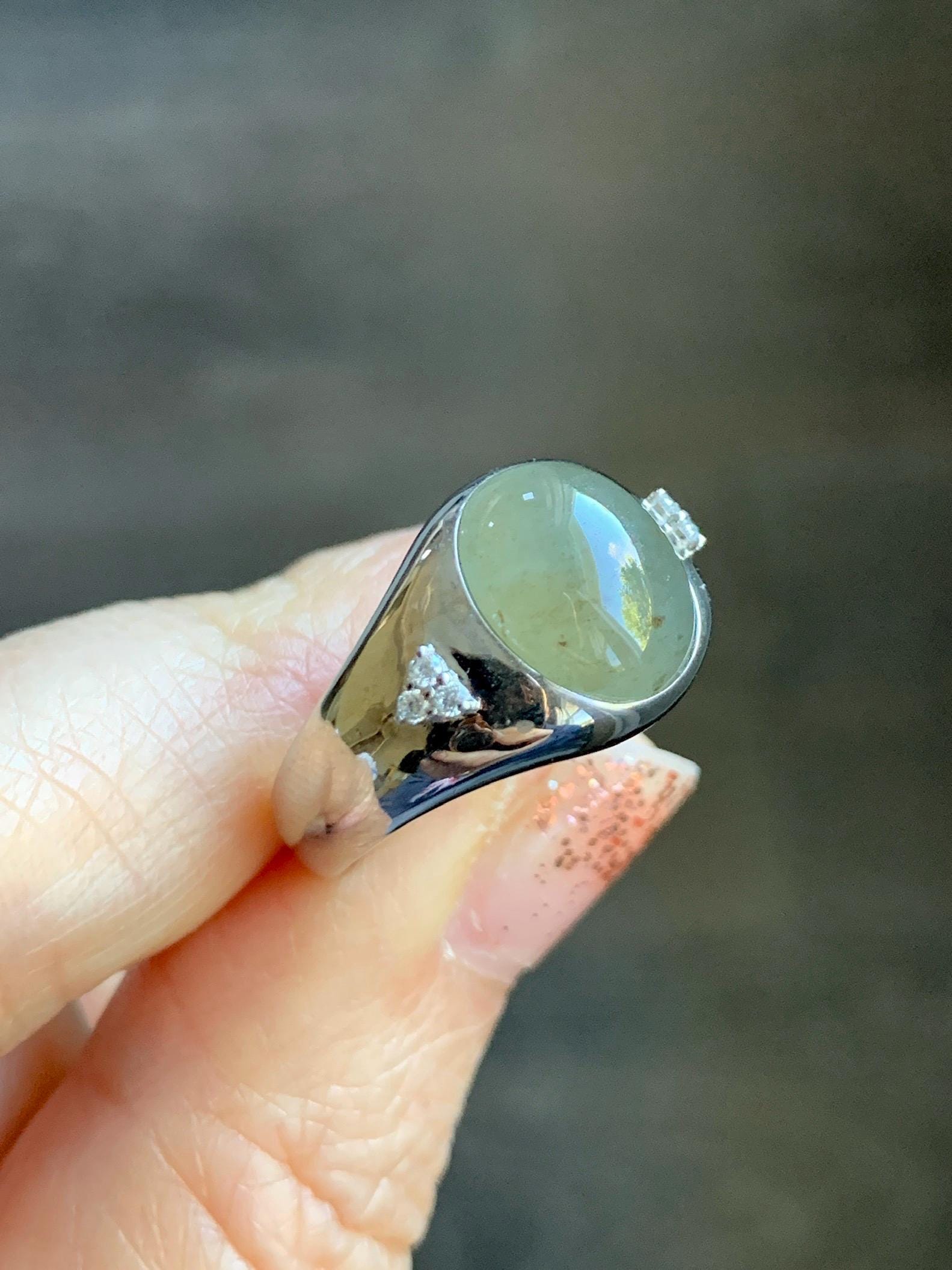 Certified Natural Grade A Icy Translucent Dusty Tea Yellow Jade Jadeite Oval Ring Sterling Silver Size 7 US 7.76g 天然冰茶黄撒金翡翠银镶戒指 183