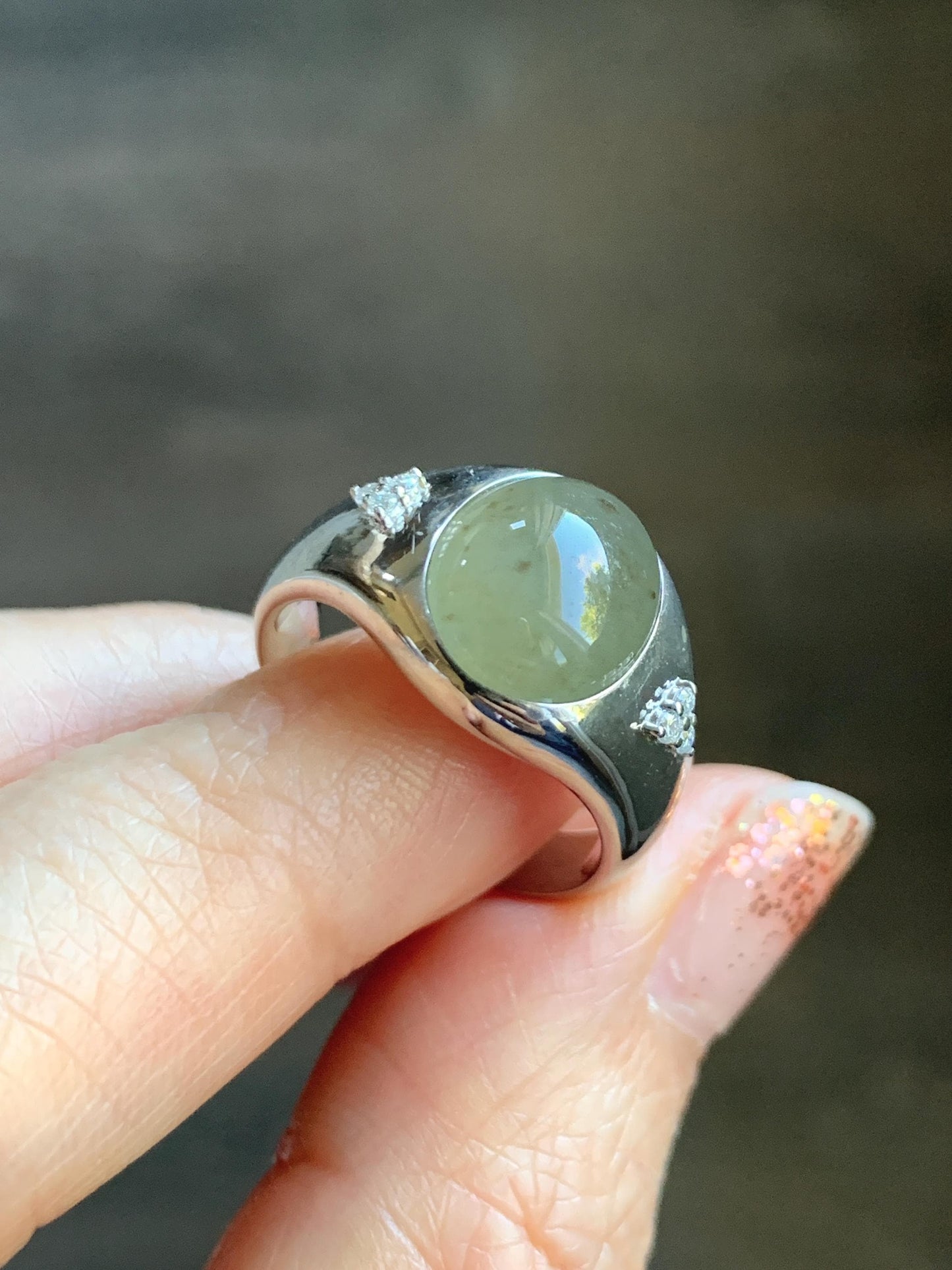 Certified Natural Grade A Icy Translucent Dusty Tea Yellow Jade Jadeite Oval Ring Sterling Silver Size 7 US 7.76g 天然冰茶黄撒金翡翠银镶戒指 183