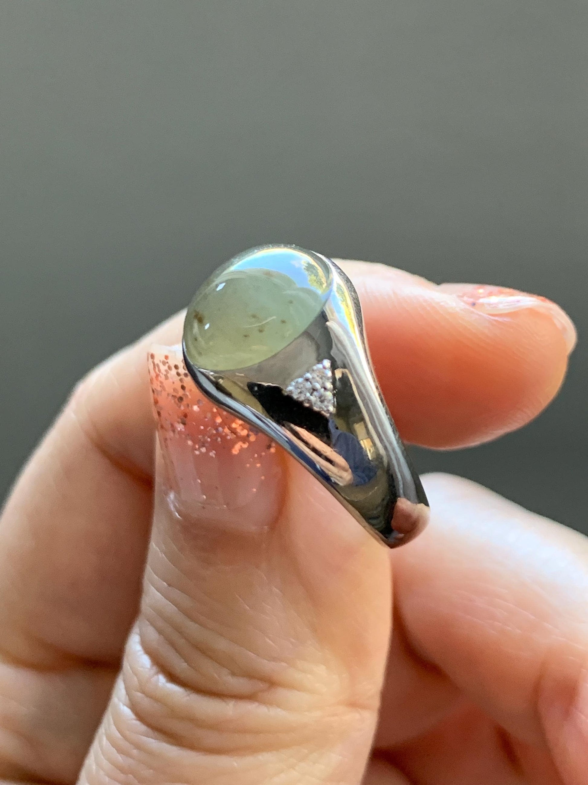 Certified Natural Grade A Icy Translucent Dusty Tea Yellow Jade Jadeite Oval Ring Sterling Silver Size 7 US 7.76g 天然冰茶黄撒金翡翠银镶戒指 183
