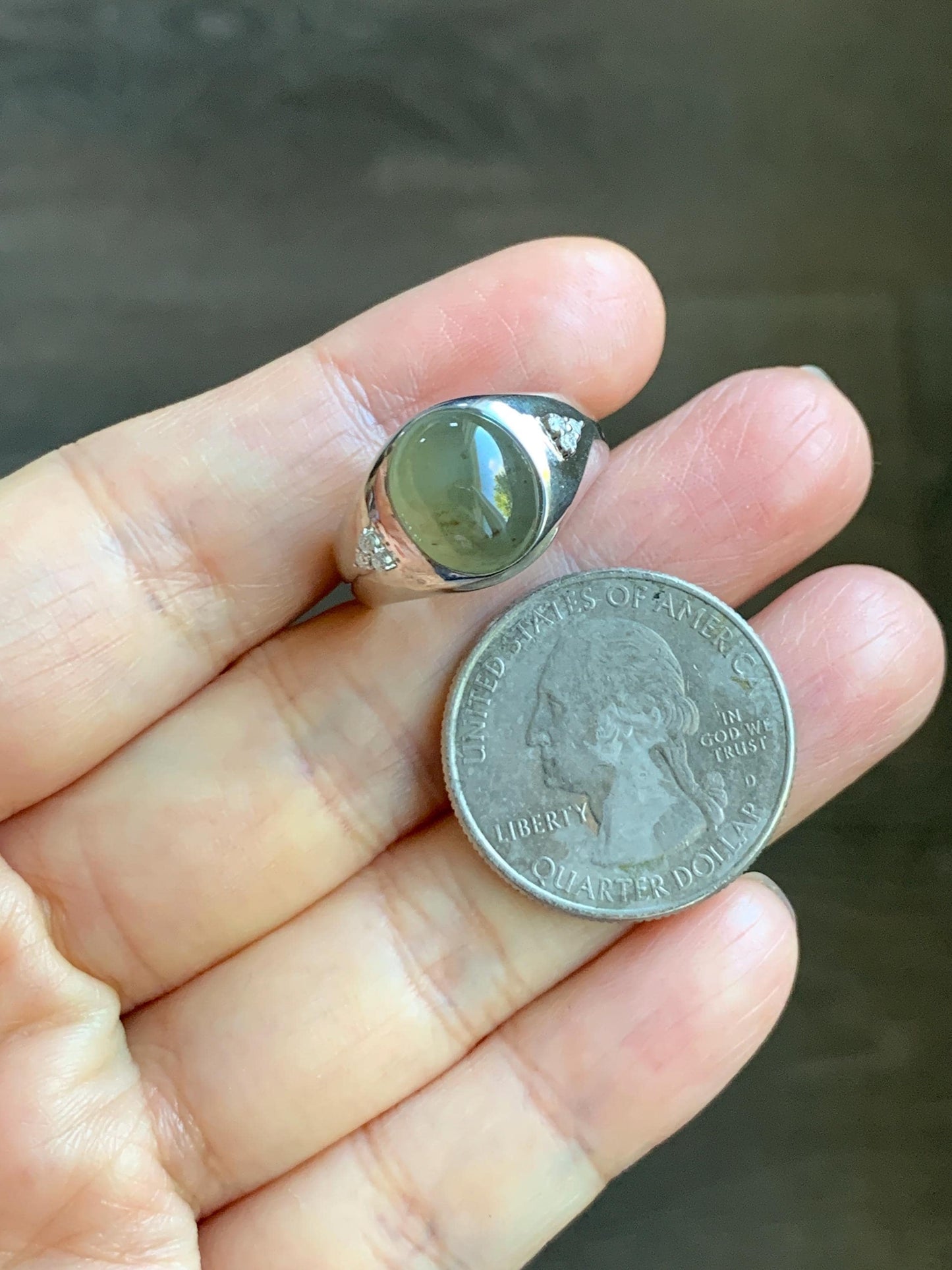 Certified Natural Grade A Icy Translucent Dusty Tea Yellow Jade Jadeite Oval Ring Sterling Silver Size 7 US 7.76g 天然冰茶黄撒金翡翠银镶戒指 183