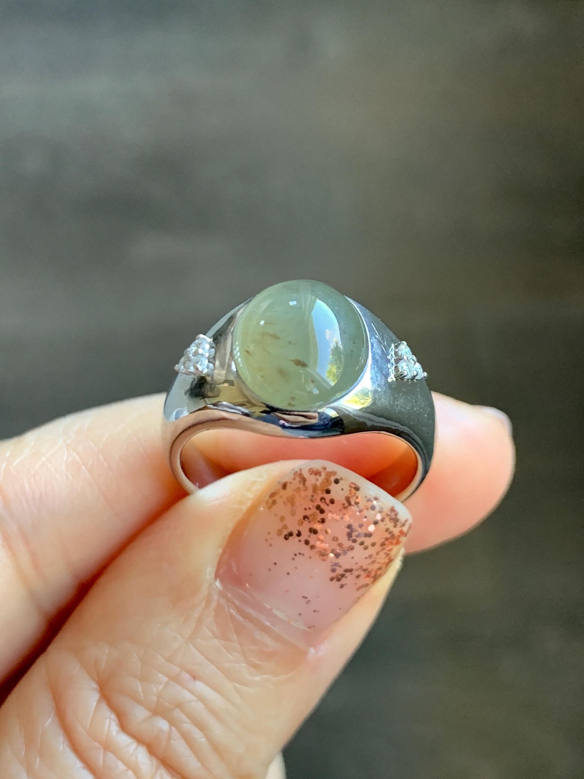 Certified Natural Grade A Icy Translucent Dusty Tea Yellow Jade Jadeite Oval Ring Sterling Silver Size 7 US 7.76g 天然冰茶黄撒金翡翠银镶戒指 183