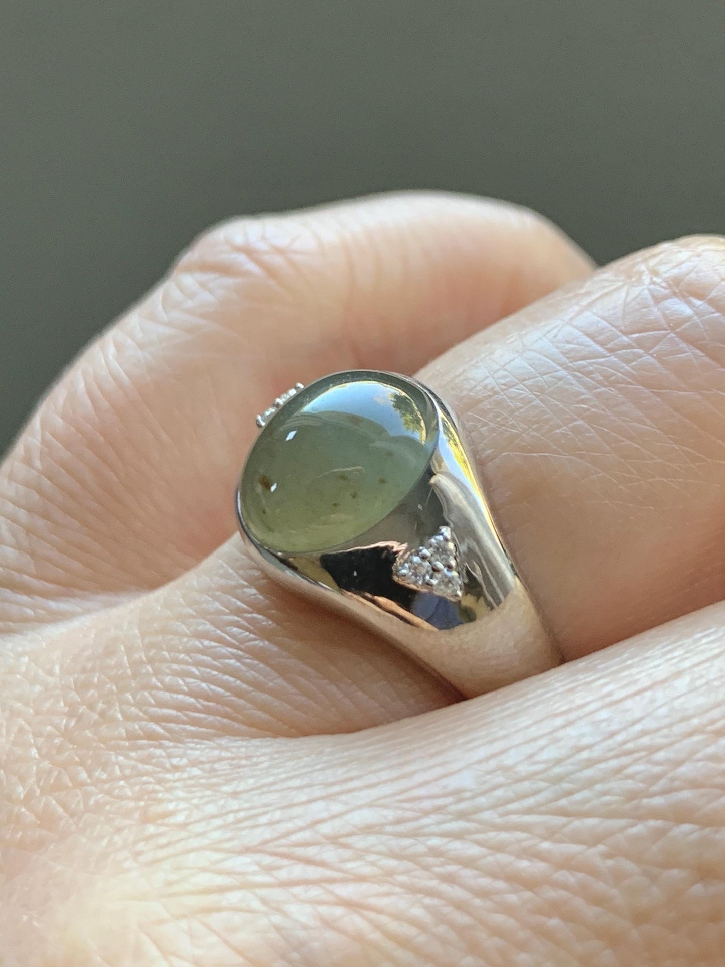 Certified Natural Grade A Icy Translucent Dusty Tea Yellow Jade Jadeite Oval Ring Sterling Silver Size 7 US 7.76g 天然冰茶黄撒金翡翠银镶戒指 183