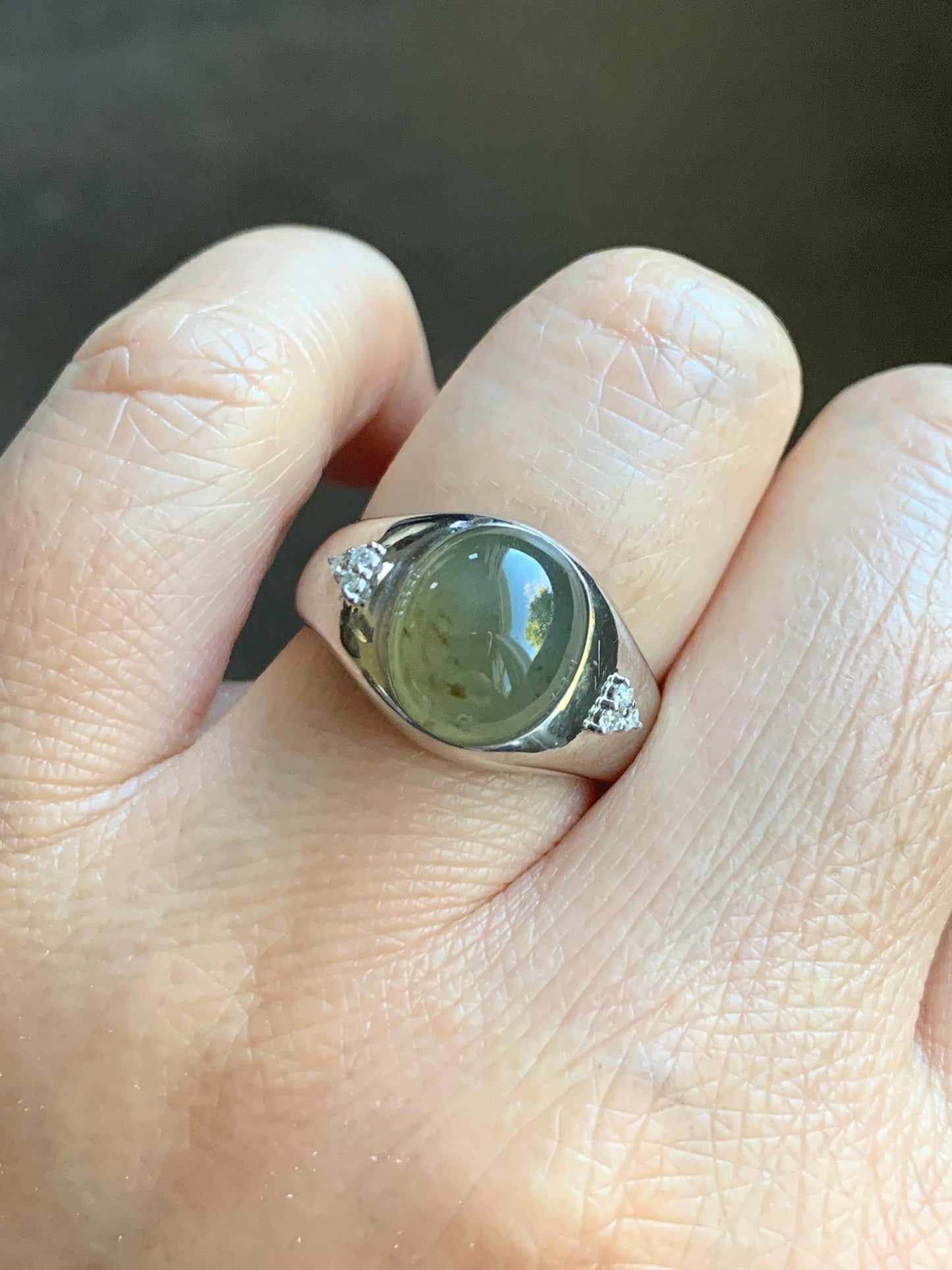 Certified Natural Grade A Icy Translucent Dusty Tea Yellow Jade Jadeite Oval Ring Sterling Silver Size 7 US 7.76g 天然冰茶黄撒金翡翠银镶戒指 183
