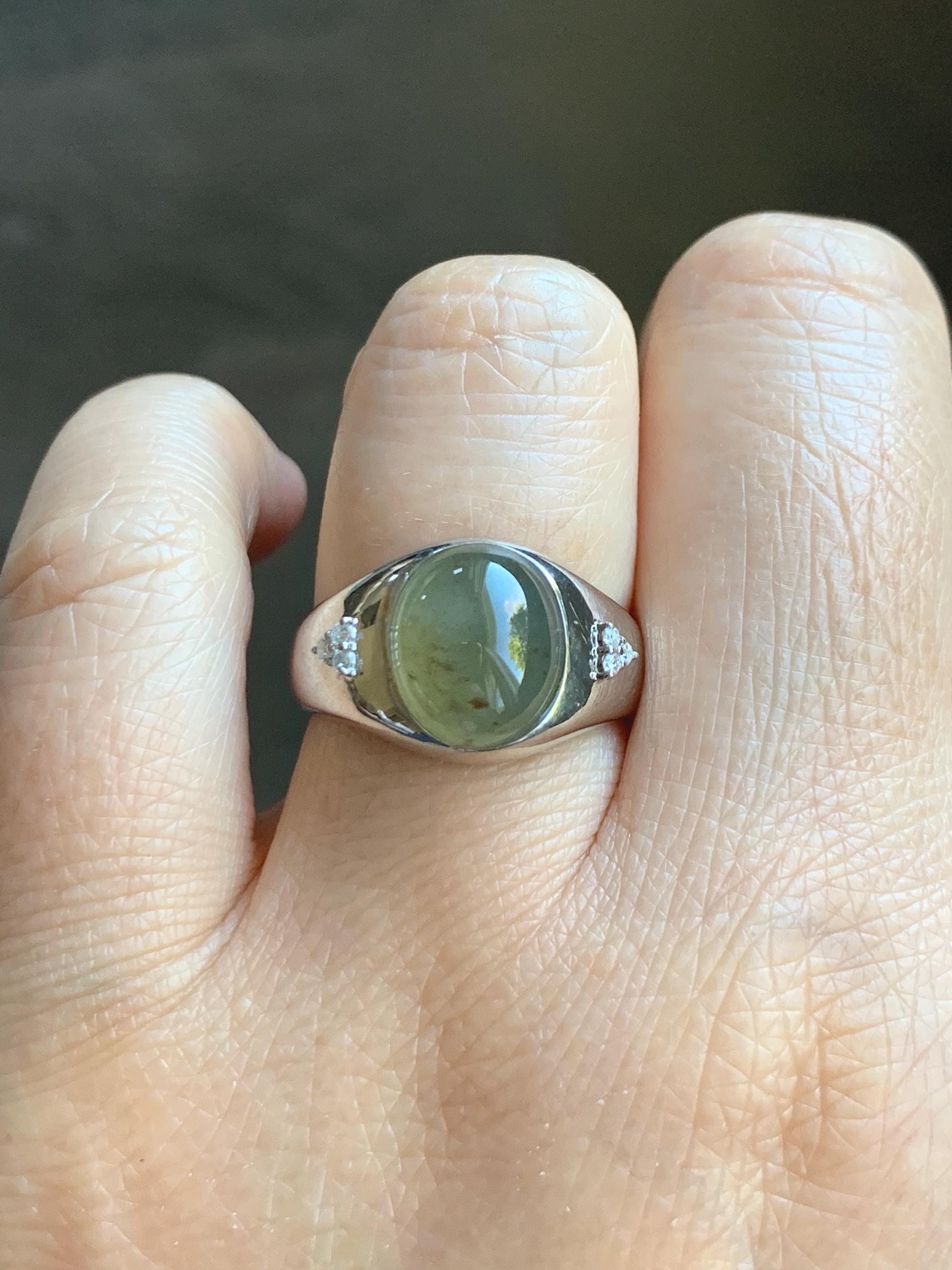 Certified Natural Grade A Icy Translucent Dusty Tea Yellow Jade Jadeite Oval Ring Sterling Silver Size 7 US 7.76g 天然冰茶黄撒金翡翠银镶戒指 183