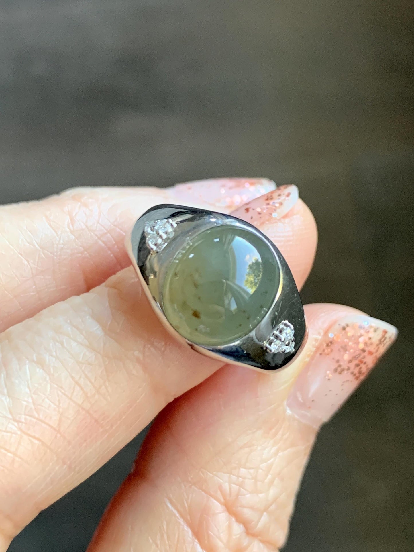 Certified Natural Grade A Icy Translucent Dusty Tea Yellow Jade Jadeite Oval Ring Sterling Silver Size 7 US 7.76g 天然冰茶黄撒金翡翠银镶戒指 183