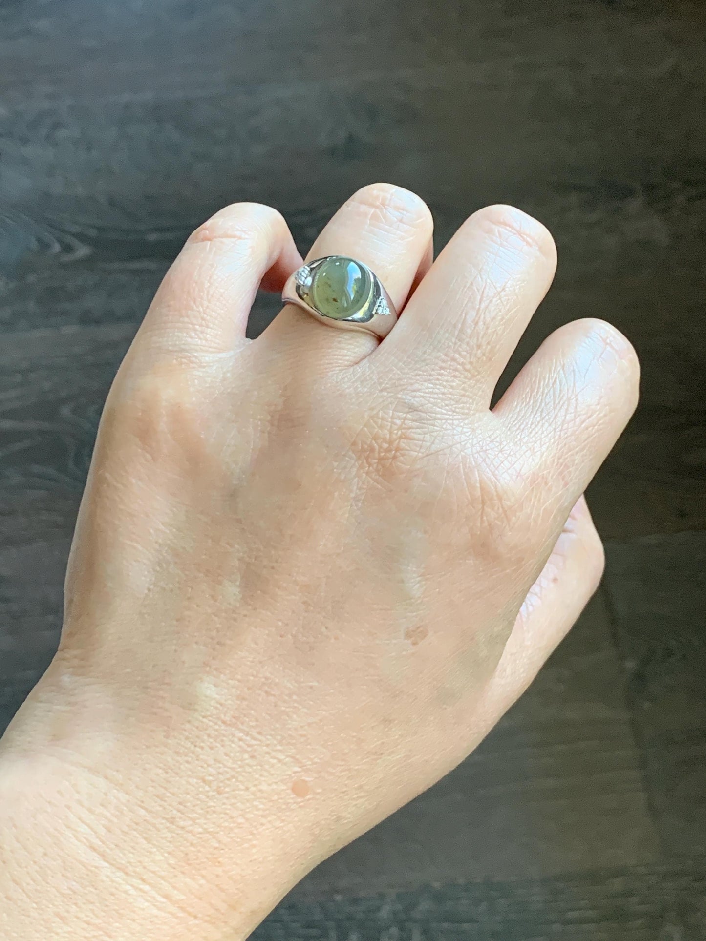 Certified Natural Grade A Icy Translucent Dusty Tea Yellow Jade Jadeite Oval Ring Sterling Silver Size 7 US 7.76g 天然冰茶黄撒金翡翠银镶戒指 183
