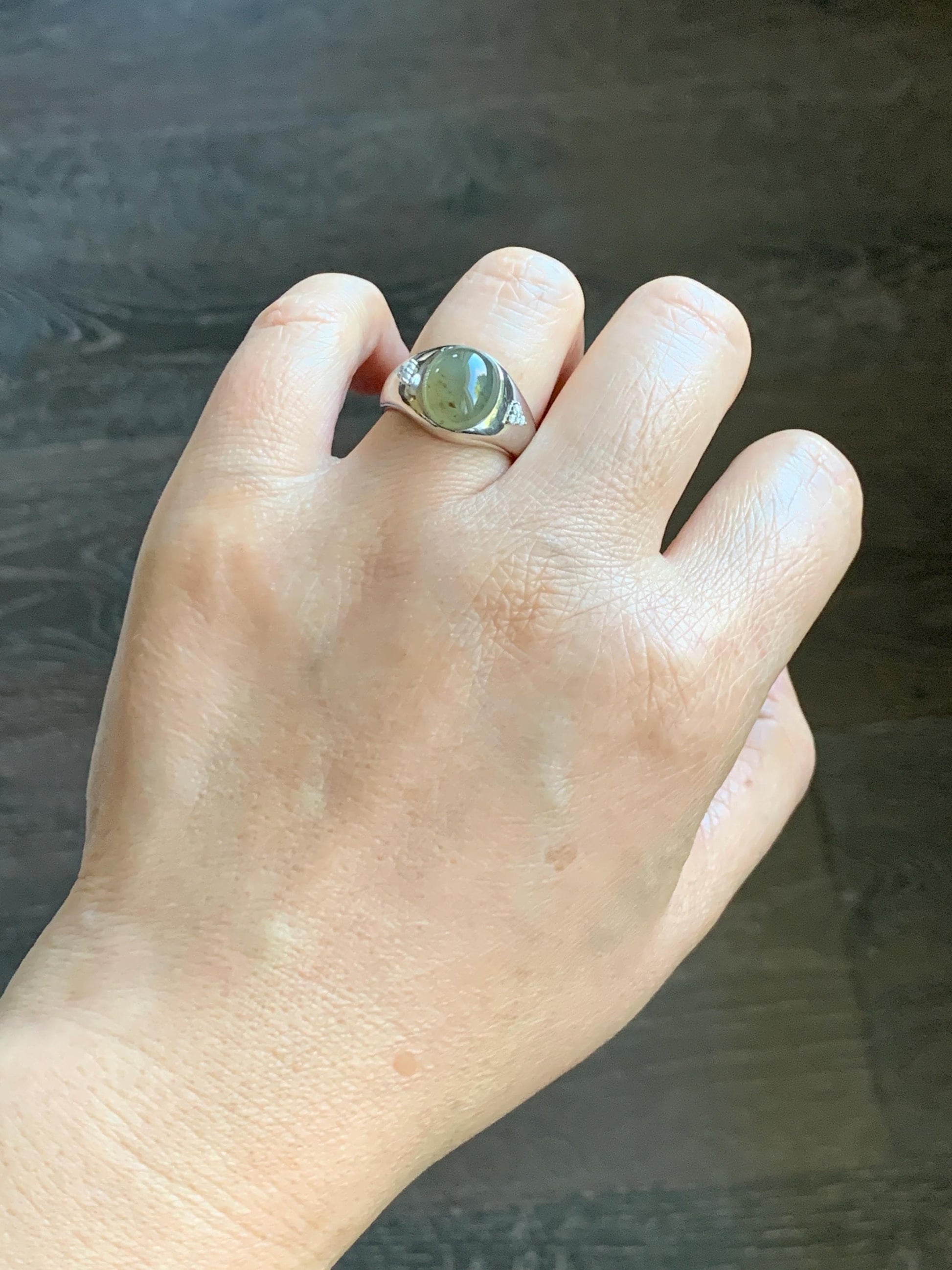 Certified Natural Grade A Icy Translucent Dusty Tea Yellow Jade Jadeite Oval Ring Sterling Silver Size 7 US 7.76g 天然冰茶黄撒金翡翠银镶戒指 183