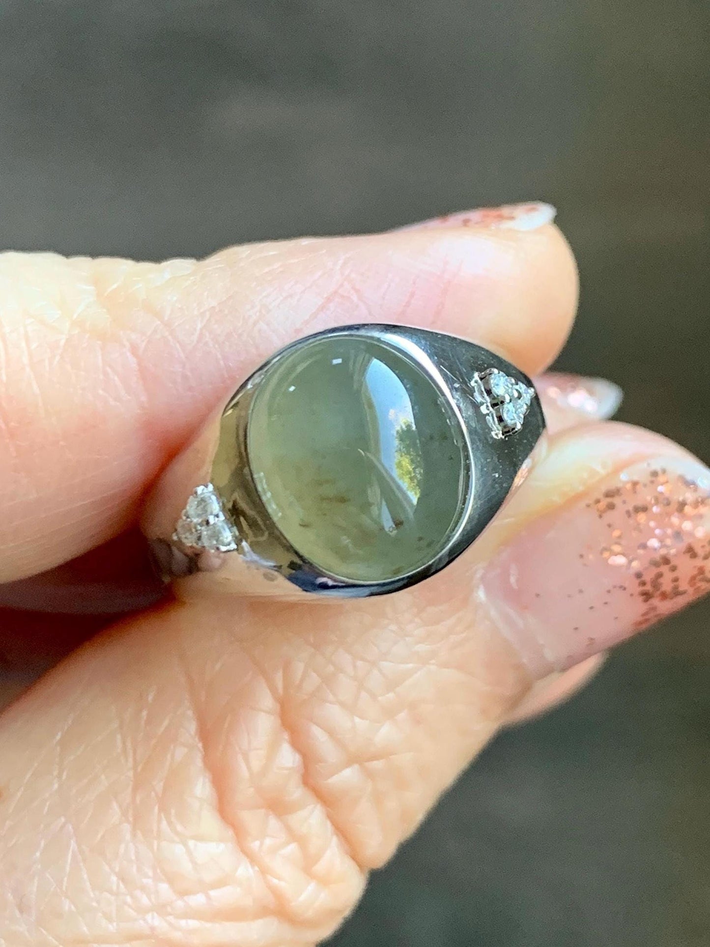 Certified Natural Grade A Icy Translucent Dusty Tea Yellow Jade Jadeite Oval Ring Sterling Silver Size 7 US 7.76g 天然冰茶黄撒金翡翠银镶戒指 183
