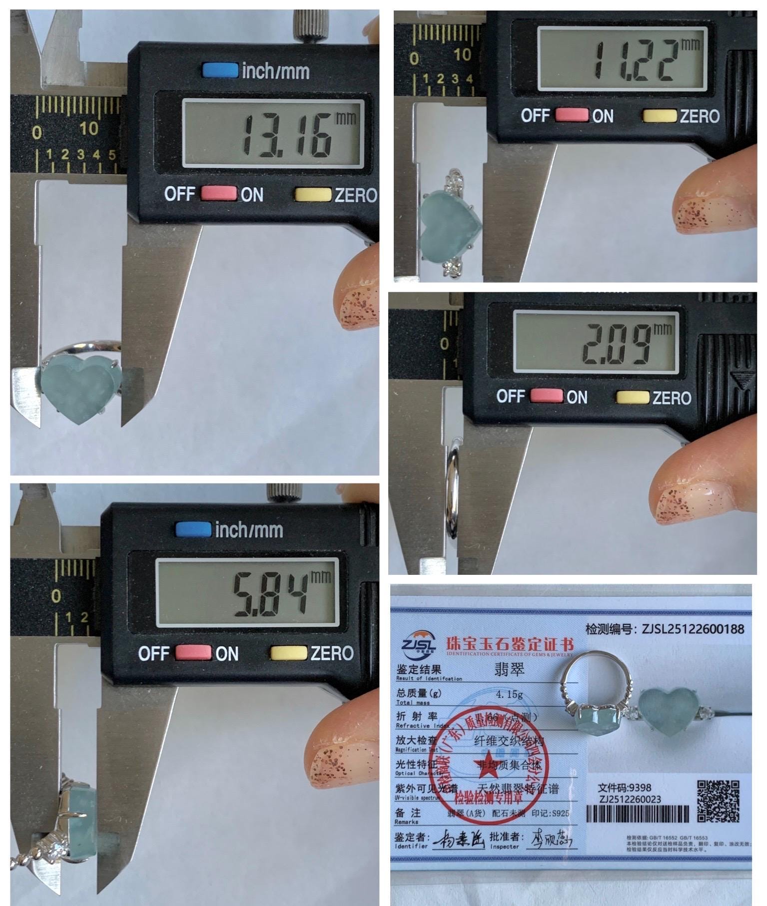 Certified Natural Grade A Guatemalan Icy Translucent Pastel Teal Blue Jade Jadeite Heart Ring Sterling Silver Size 7.25 天然冰危浅蓝翡翠爱心银镶戒指 188