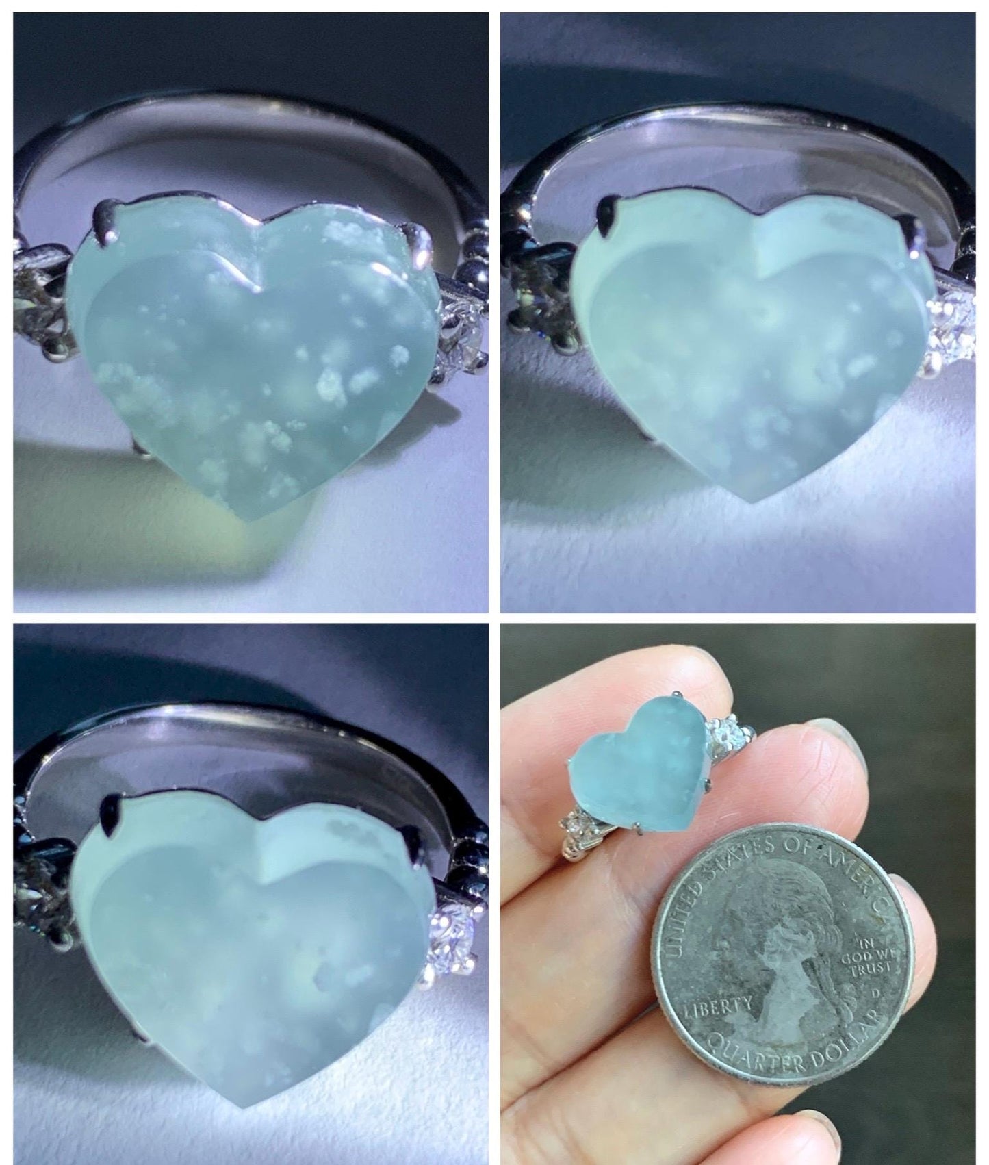 Certified Natural Grade A Guatemalan Icy Translucent Pastel Teal Blue Jade Jadeite Heart Ring Sterling Silver Size 7.25 天然冰危浅蓝翡翠爱心银镶戒指 188