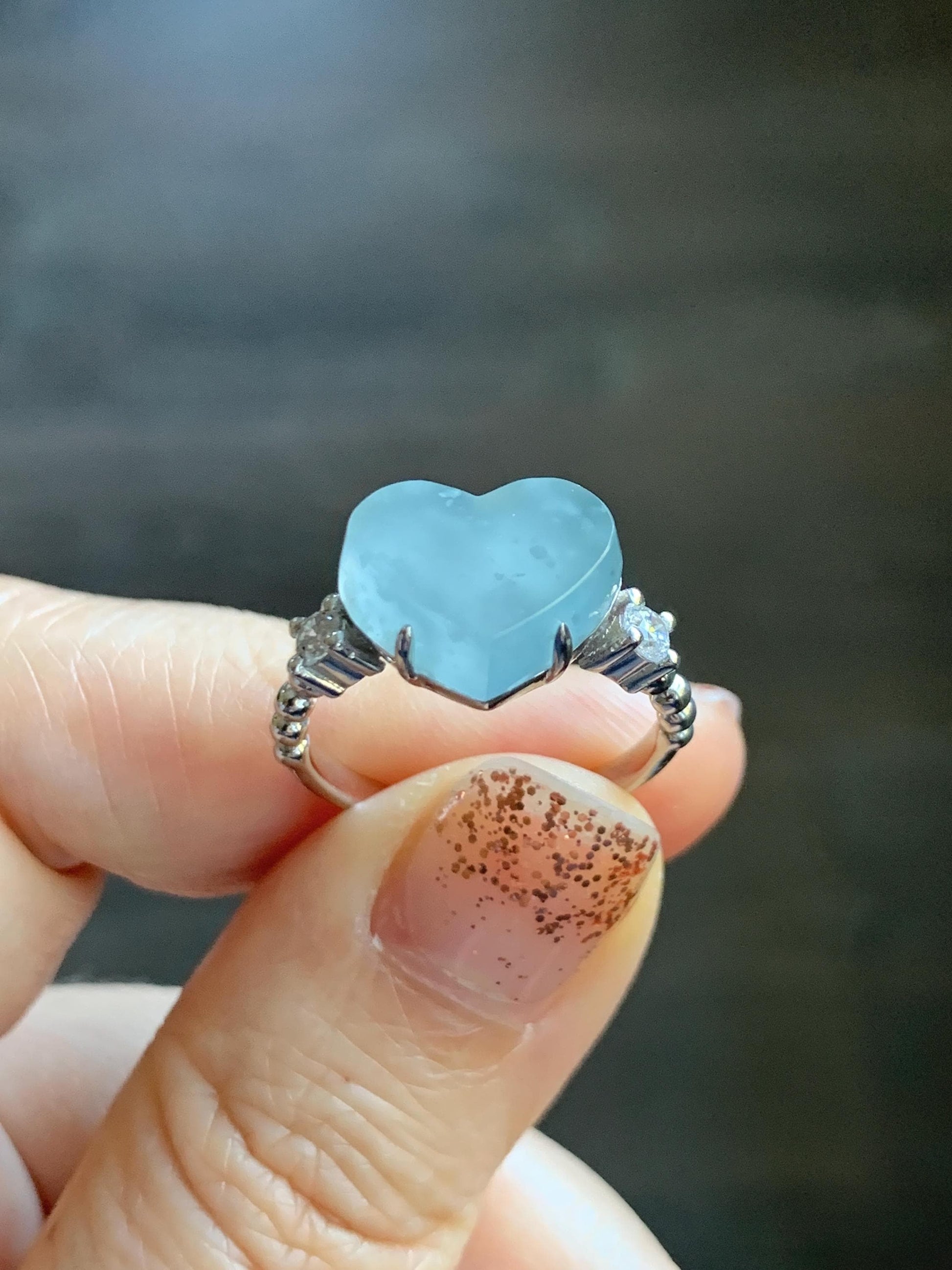 Certified Natural Grade A Guatemalan Icy Translucent Pastel Teal Blue Jade Jadeite Heart Ring Sterling Silver Size 7.25 天然冰危浅蓝翡翠爱心银镶戒指 188