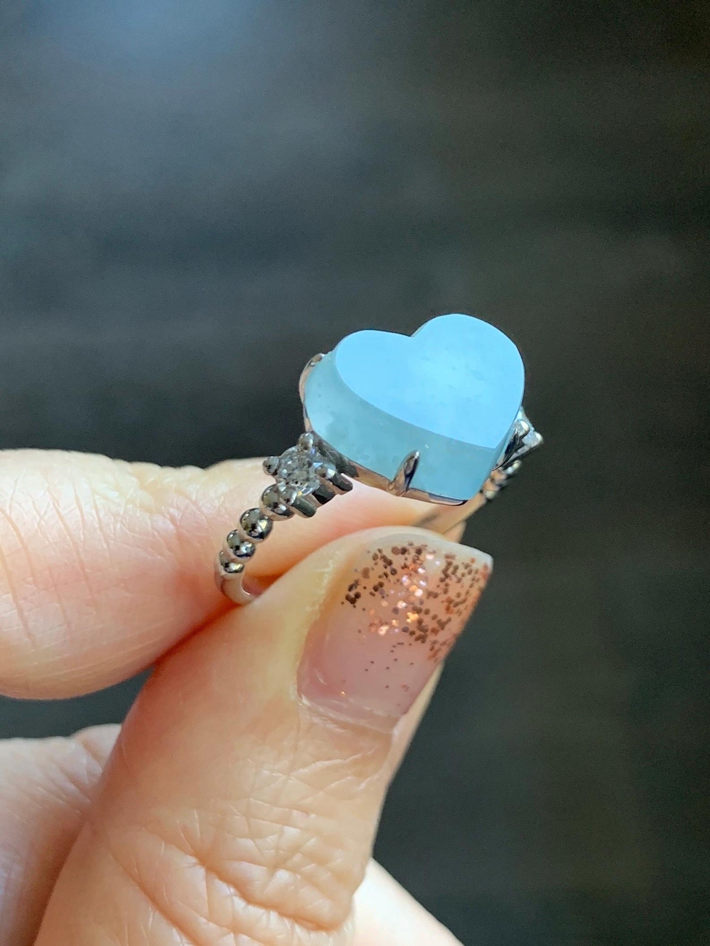 Certified Natural Grade A Guatemalan Icy Translucent Pastel Teal Blue Jade Jadeite Heart Ring Sterling Silver Size 7.25 天然冰危浅蓝翡翠爱心银镶戒指 188