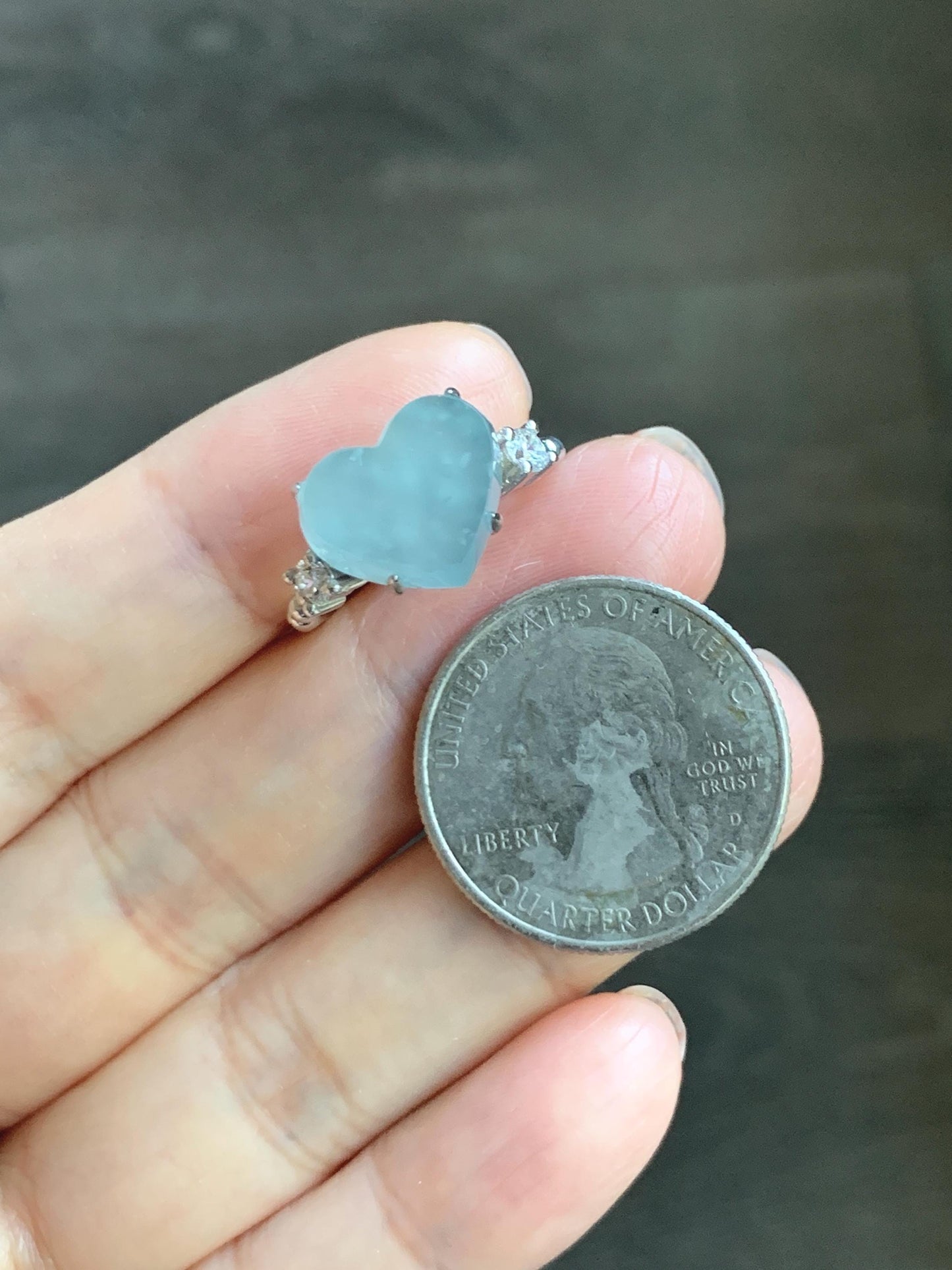 Certified Natural Grade A Guatemalan Icy Translucent Pastel Teal Blue Jade Jadeite Heart Ring Sterling Silver Size 7.25 天然冰危浅蓝翡翠爱心银镶戒指 188