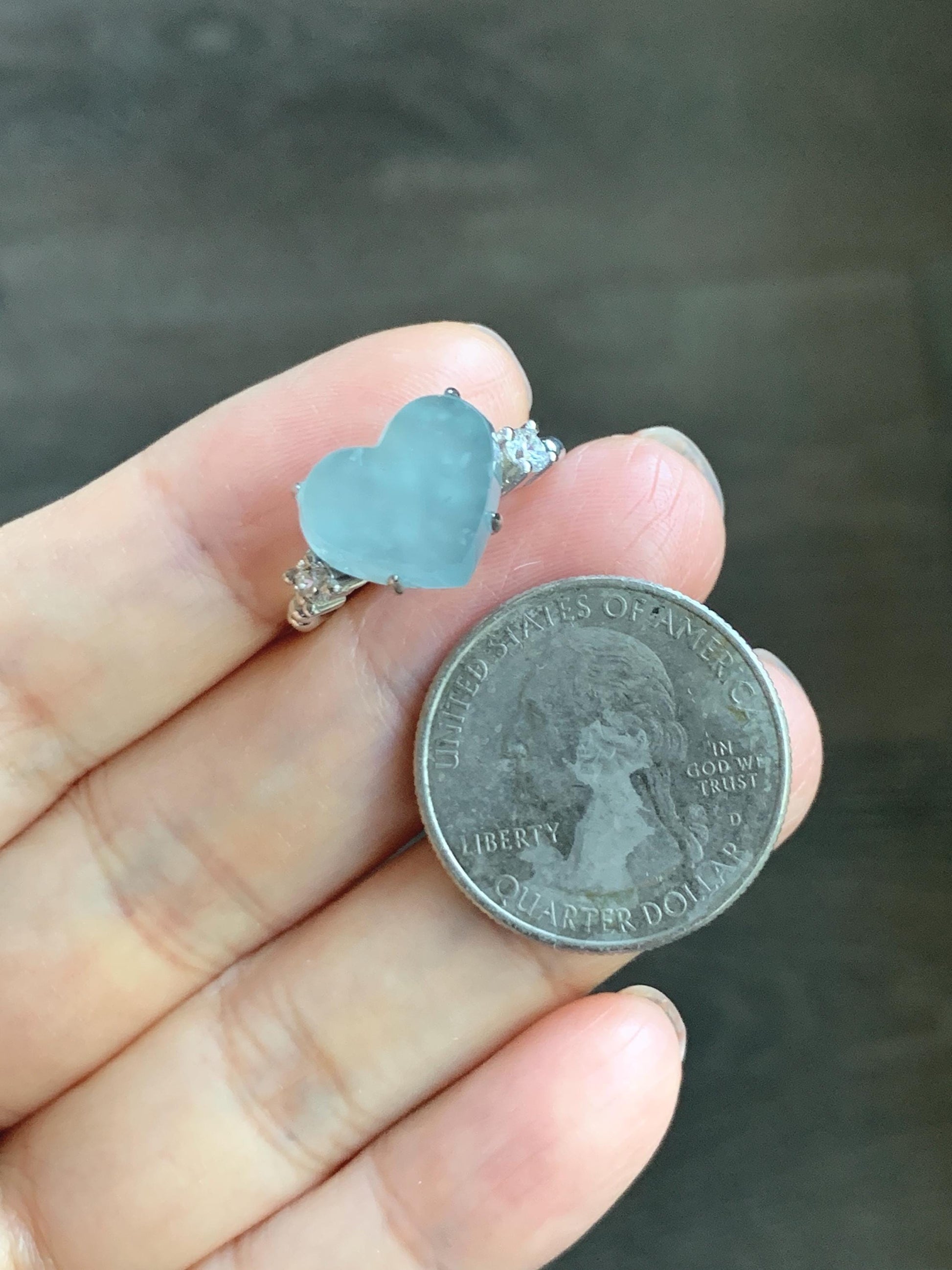 Certified Natural Grade A Guatemalan Icy Translucent Pastel Teal Blue Jade Jadeite Heart Ring Sterling Silver Size 7.25 天然冰危浅蓝翡翠爱心银镶戒指 188