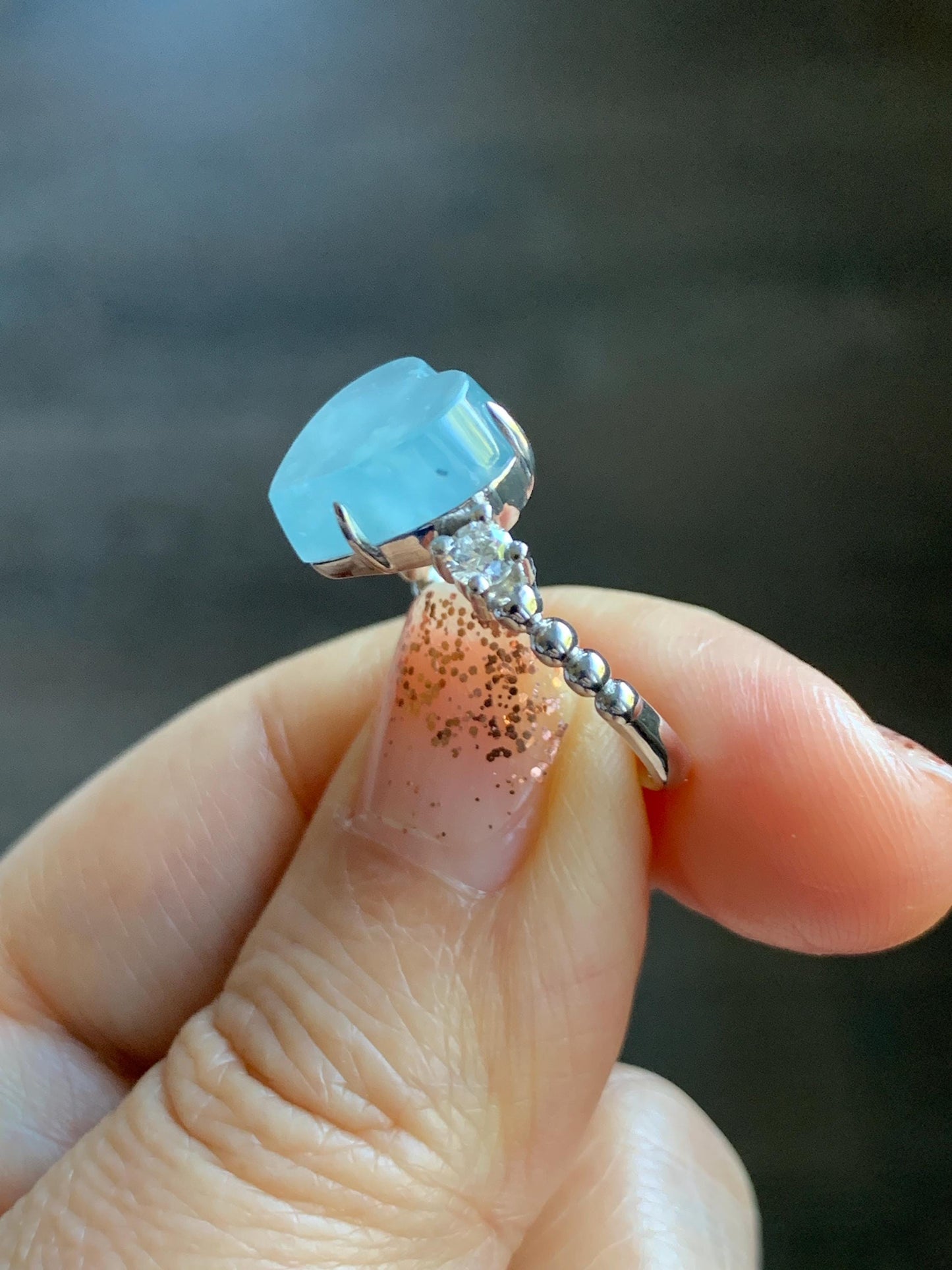 Certified Natural Grade A Guatemalan Icy Translucent Pastel Teal Blue Jade Jadeite Heart Ring Sterling Silver Size 7.25 天然冰危浅蓝翡翠爱心银镶戒指 188