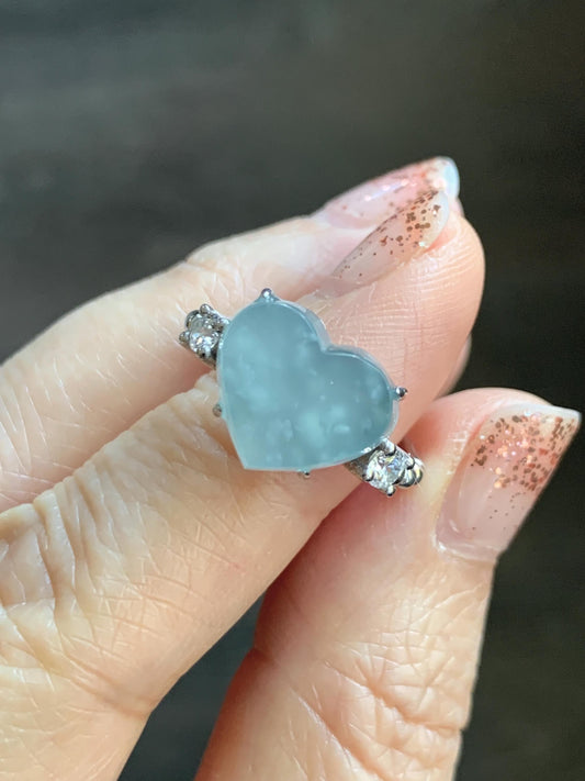 Certified Natural Grade A Guatemalan Icy Translucent Pastel Teal Blue Jade Jadeite Heart Ring Sterling Silver Size 7.25 天然冰危浅蓝翡翠爱心银镶戒指 188