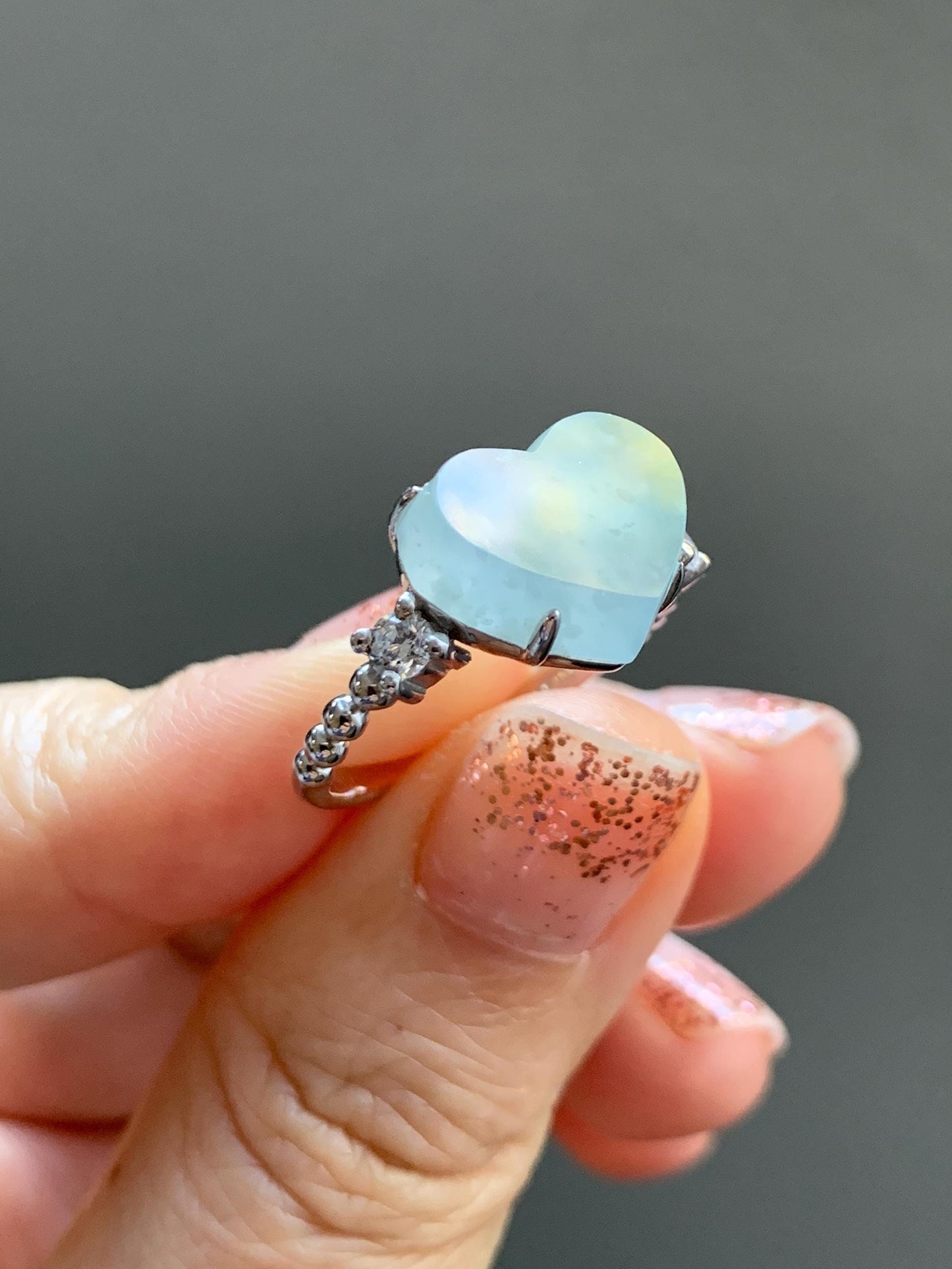 Certified Natural Grade A Guatemalan Icy Translucent Pastel Teal Blue Jade Jadeite Heart Ring Sterling Silver Size 7.25 天然冰危浅蓝翡翠爱心银镶戒指 188