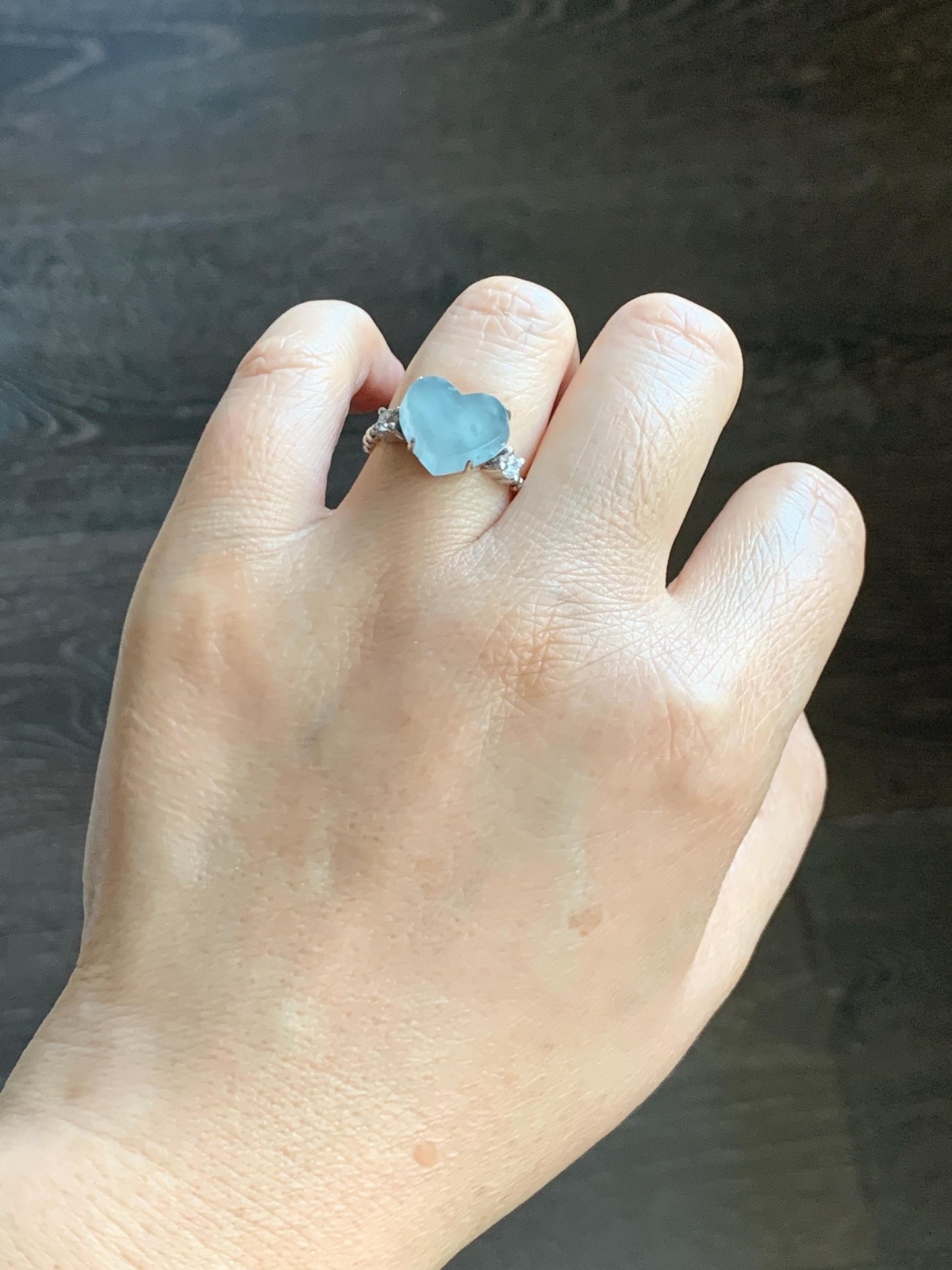 Certified Natural Grade A Guatemalan Icy Translucent Pastel Teal Blue Jade Jadeite Heart Ring Sterling Silver Size 7.25 天然冰危浅蓝翡翠爱心银镶戒指 188