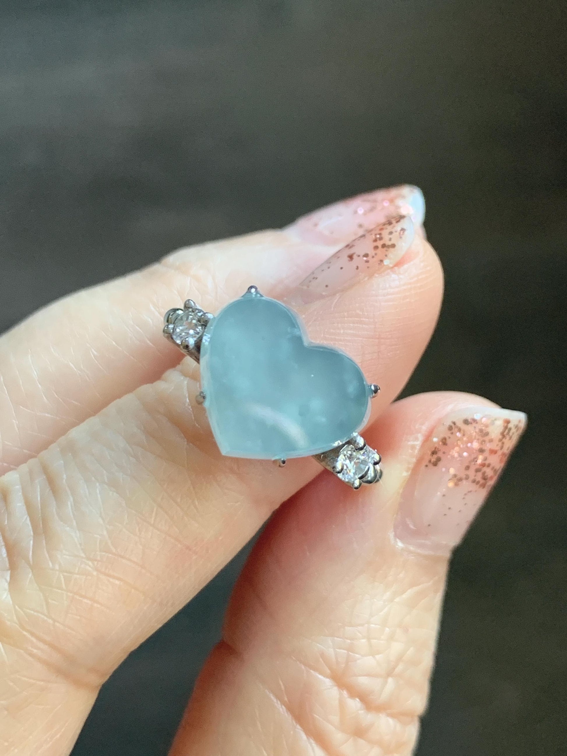 Certified Natural Grade A Guatemalan Icy Translucent Pastel Teal Blue Jade Jadeite Heart Ring Sterling Silver Size 7.25 天然冰危浅蓝翡翠爱心银镶戒指 188
