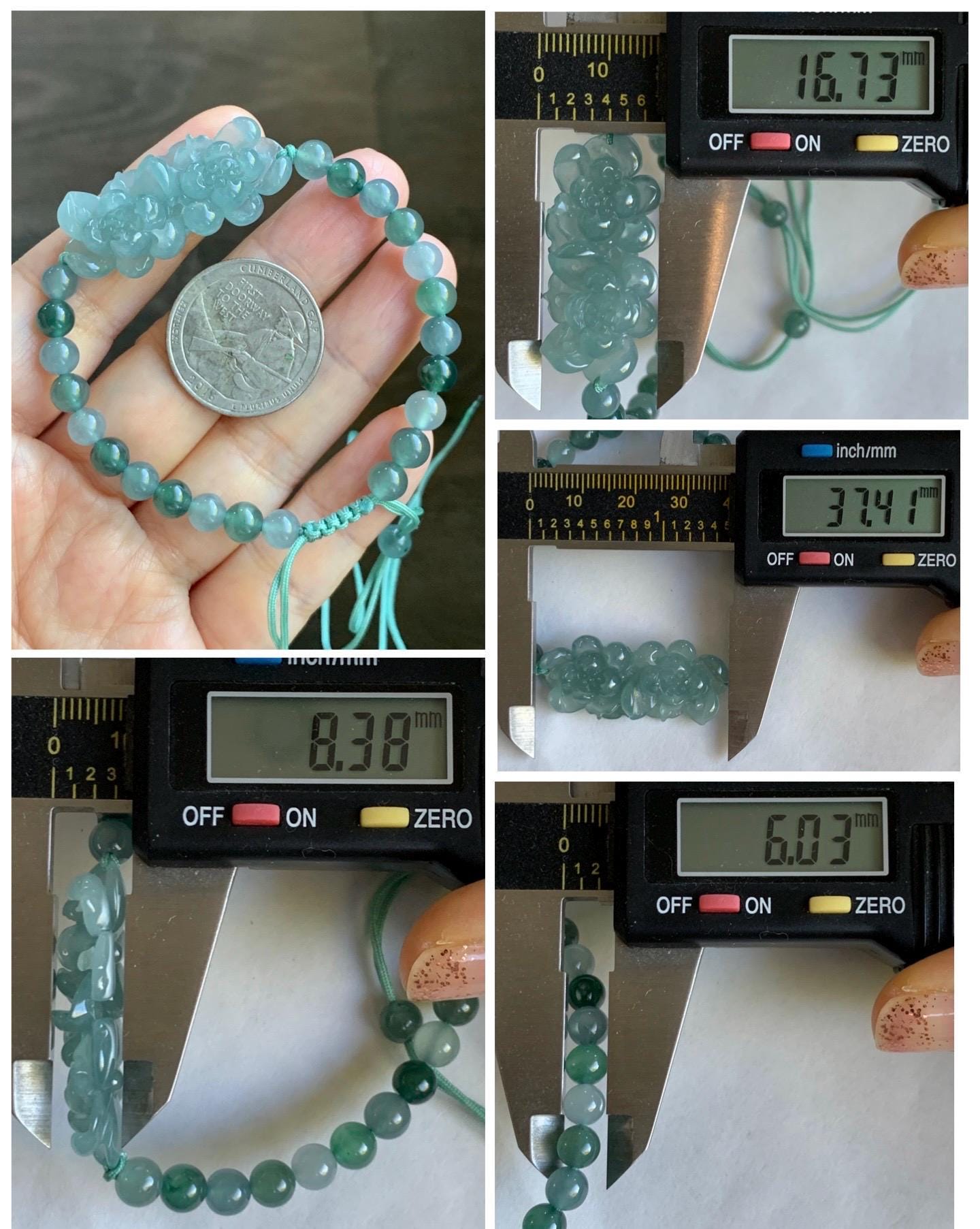 Natural Grade A Guatemalan Icy Translucent Light Teal Jadeite Double Lotus Flower Multicolored Beaded Bracelet 6.75” 天然冰胶危蓝翡翠双莲花圆珠手串 QWL289