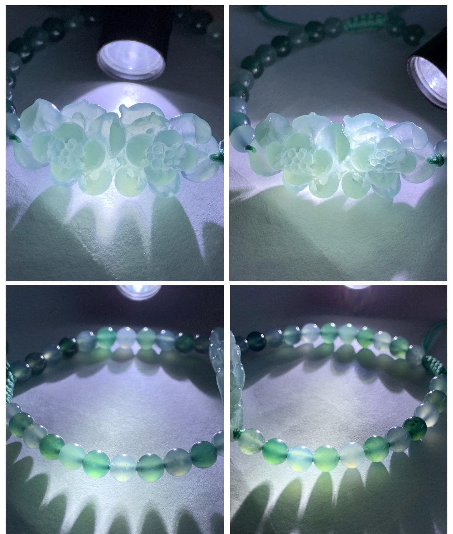 Natural Grade A Guatemalan Icy Translucent Light Teal Jadeite Double Lotus Flower Multicolored Beaded Bracelet 6.75” 天然冰胶危蓝翡翠双莲花圆珠手串 QWL289