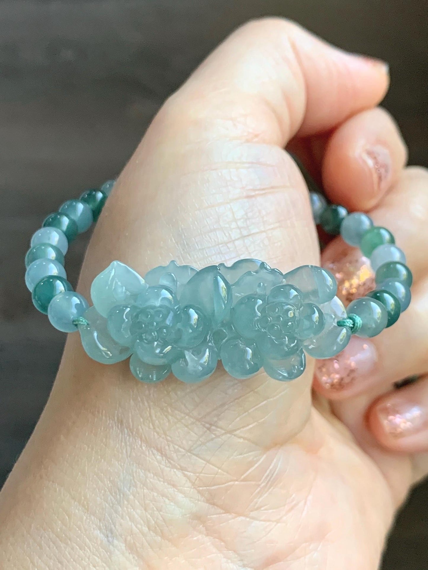 Natural Grade A Guatemalan Icy Translucent Light Teal Jadeite Double Lotus Flower Multicolored Beaded Bracelet 6.75” 天然冰胶危蓝翡翠双莲花圆珠手串 QWL289