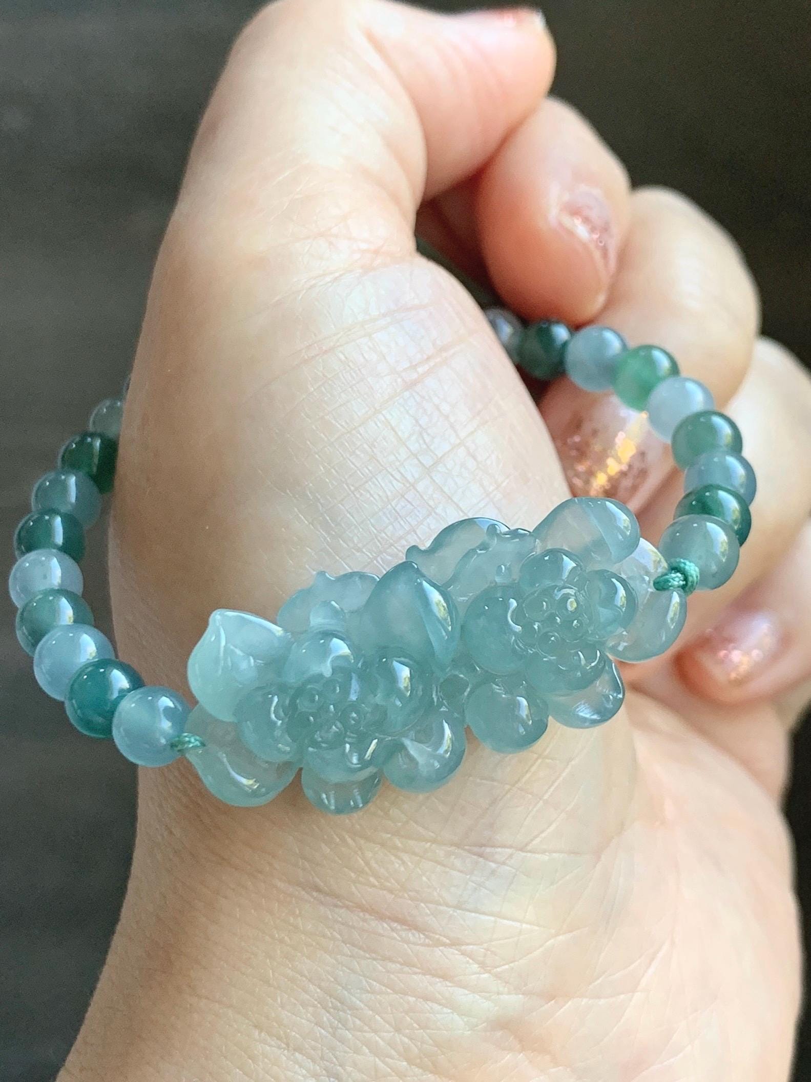 Natural Grade A Guatemalan Icy Translucent Light Teal Jadeite Double Lotus Flower Multicolored Beaded Bracelet 6.75” 天然冰胶危蓝翡翠双莲花圆珠手串 QWL289