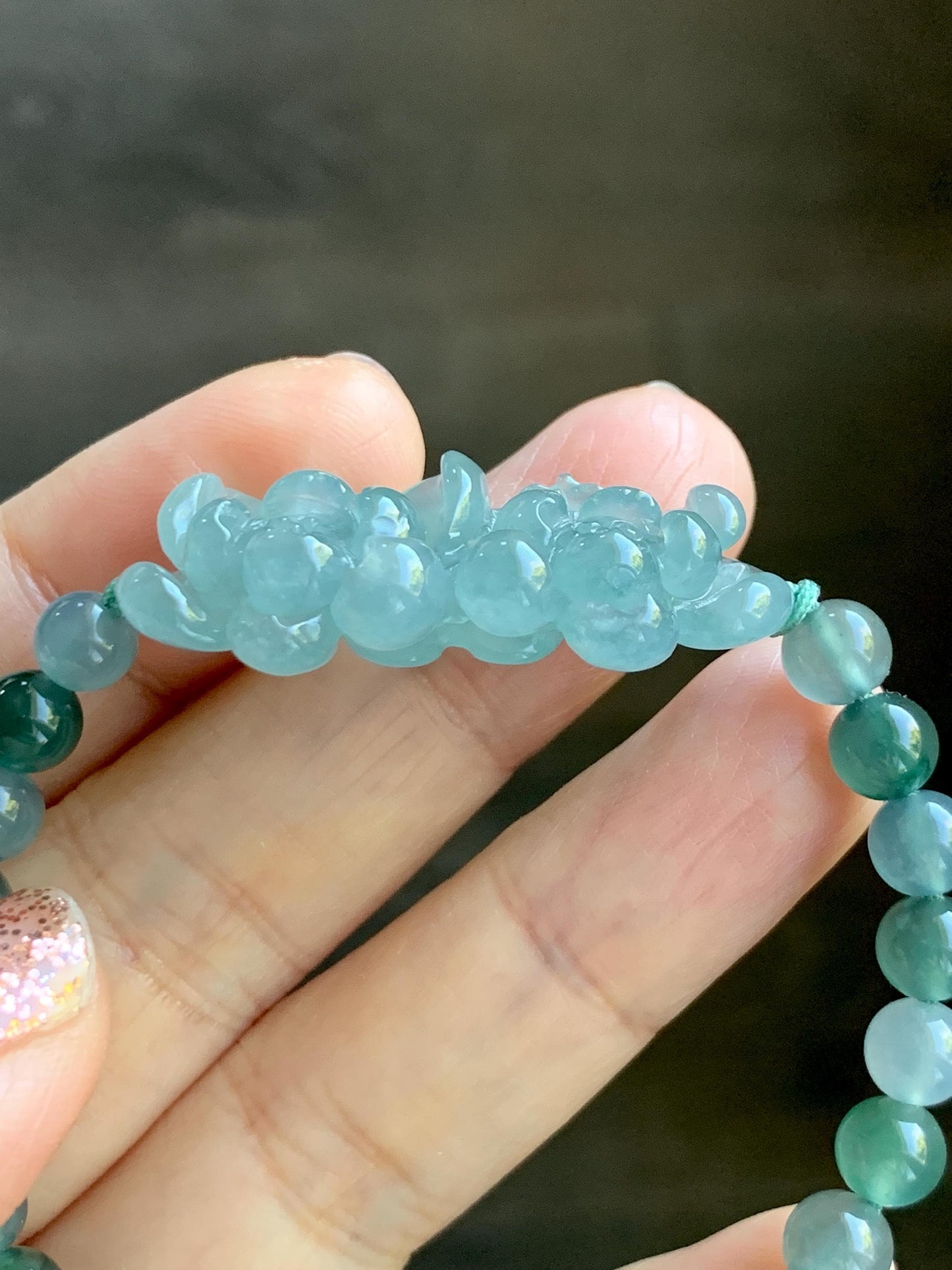 Natural Grade A Guatemalan Icy Translucent Light Teal Jadeite Double Lotus Flower Multicolored Beaded Bracelet 6.75” 天然冰胶危蓝翡翠双莲花圆珠手串 QWL289