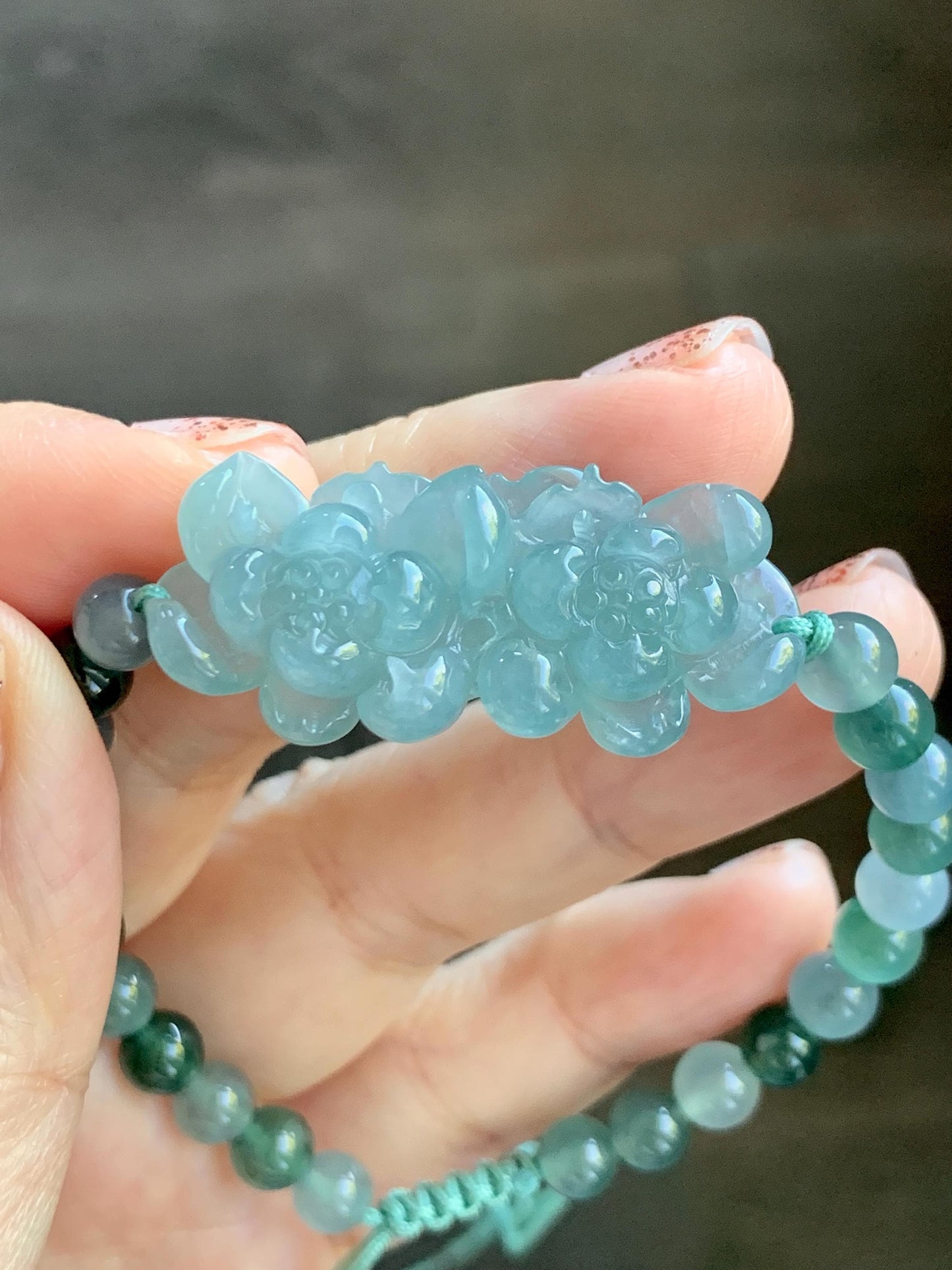 Natural Grade A Guatemalan Icy Translucent Light Teal Jadeite Double Lotus Flower Multicolored Beaded Bracelet 6.75” 天然冰胶危蓝翡翠双莲花圆珠手串 QWL289
