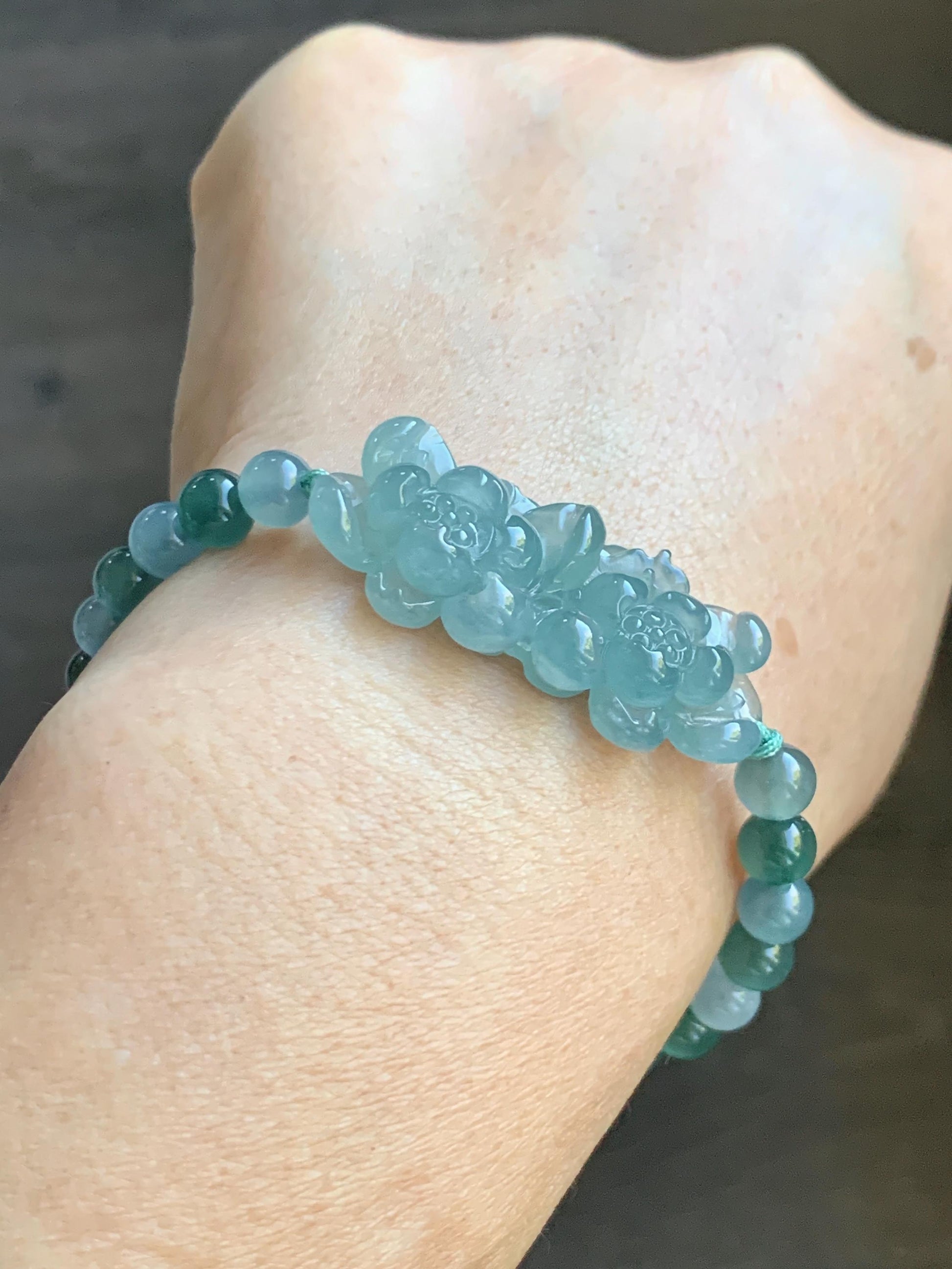 Natural Grade A Guatemalan Icy Translucent Light Teal Jadeite Double Lotus Flower Multicolored Beaded Bracelet 6.75” 天然冰胶危蓝翡翠双莲花圆珠手串 QWL289