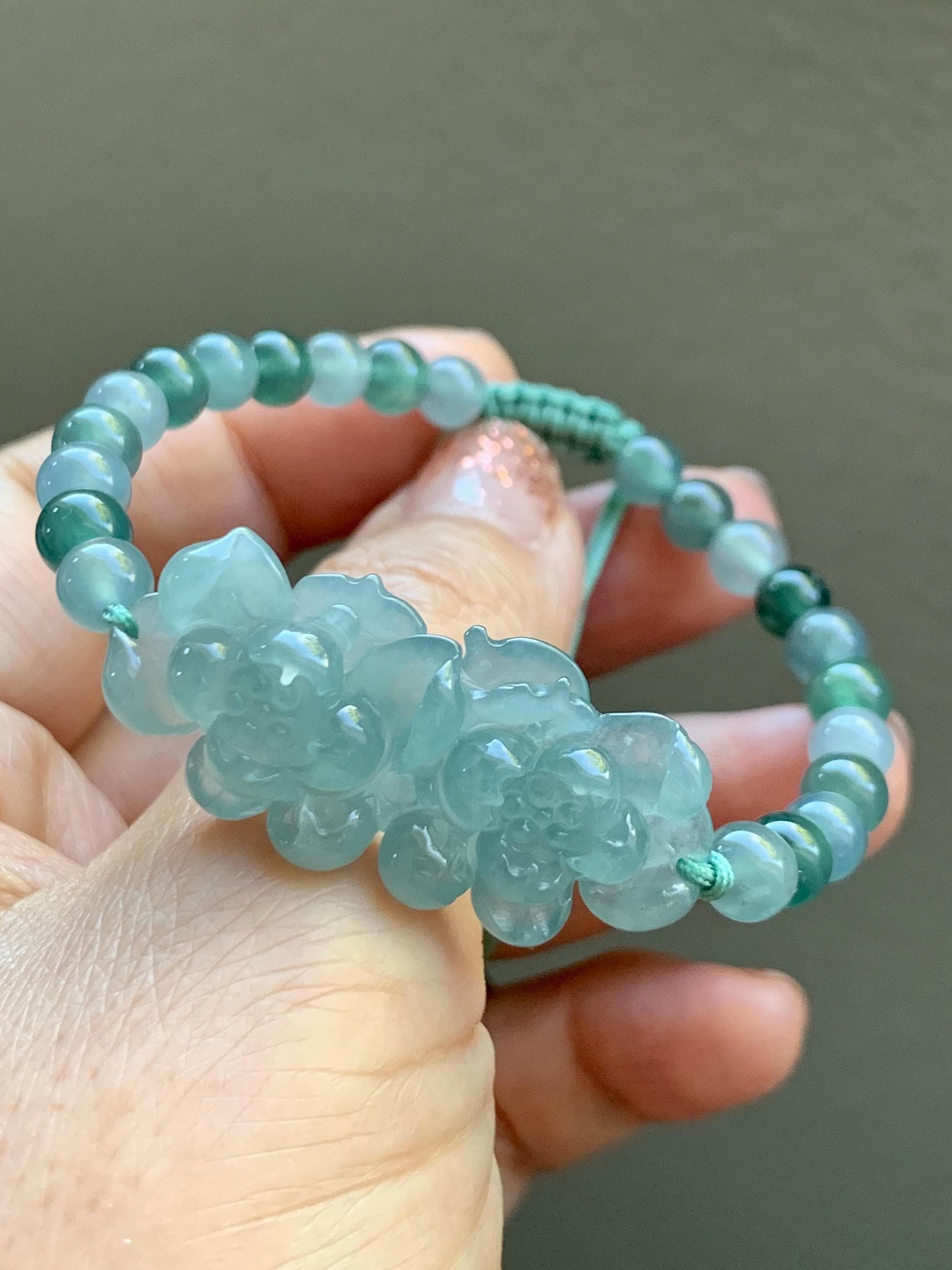 Natural Grade A Guatemalan Icy Translucent Light Teal Jadeite Double Lotus Flower Multicolored Beaded Bracelet 6.75” 天然冰胶危蓝翡翠双莲花圆珠手串 QWL289