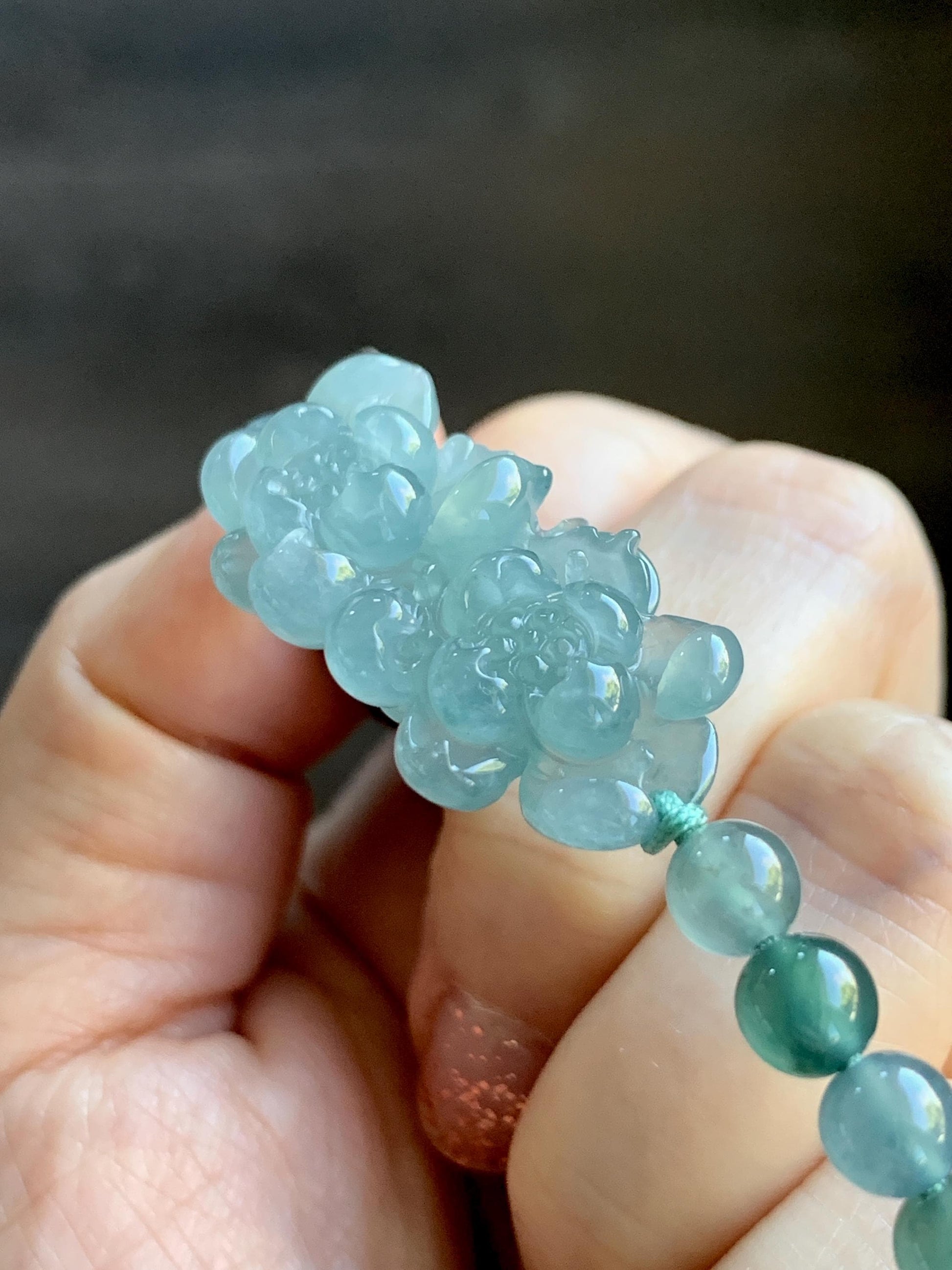 Natural Grade A Guatemalan Icy Translucent Light Teal Jadeite Double Lotus Flower Multicolored Beaded Bracelet 6.75” 天然冰胶危蓝翡翠双莲花圆珠手串 QWL289