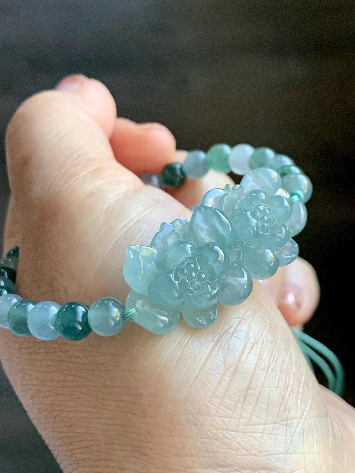 Natural Grade A Guatemalan Icy Translucent Light Teal Jadeite Double Lotus Flower Multicolored Beaded Bracelet 6.75” 天然冰胶危蓝翡翠双莲花圆珠手串 QWL289