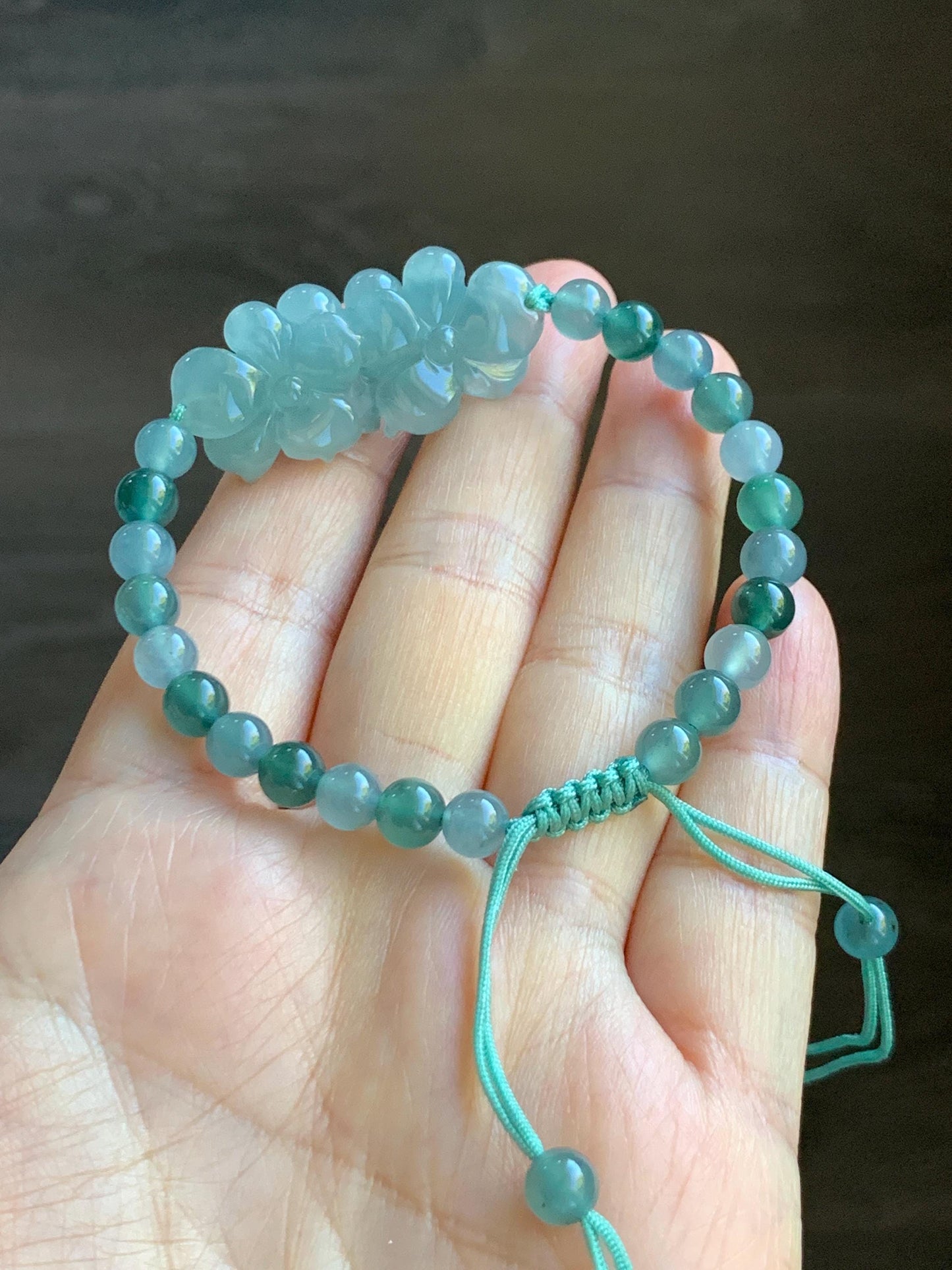 Natural Grade A Guatemalan Icy Translucent Light Teal Jadeite Double Lotus Flower Multicolored Beaded Bracelet 6.75” 天然冰胶危蓝翡翠双莲花圆珠手串 QWL289