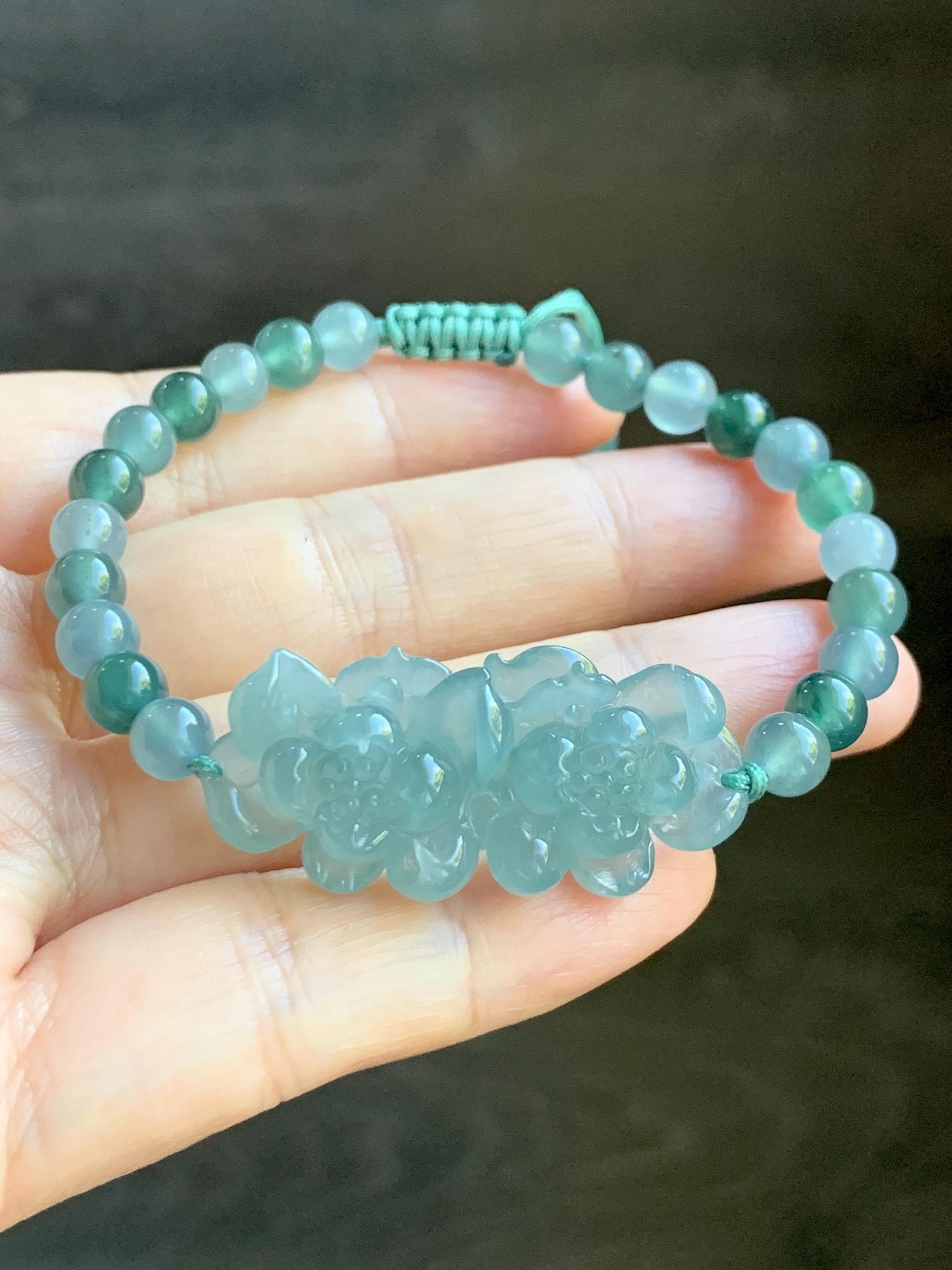 Natural Grade A Guatemalan Icy Translucent Light Teal Jadeite Double Lotus Flower Multicolored Beaded Bracelet 6.75” 天然冰胶危蓝翡翠双莲花圆珠手串 QWL289
