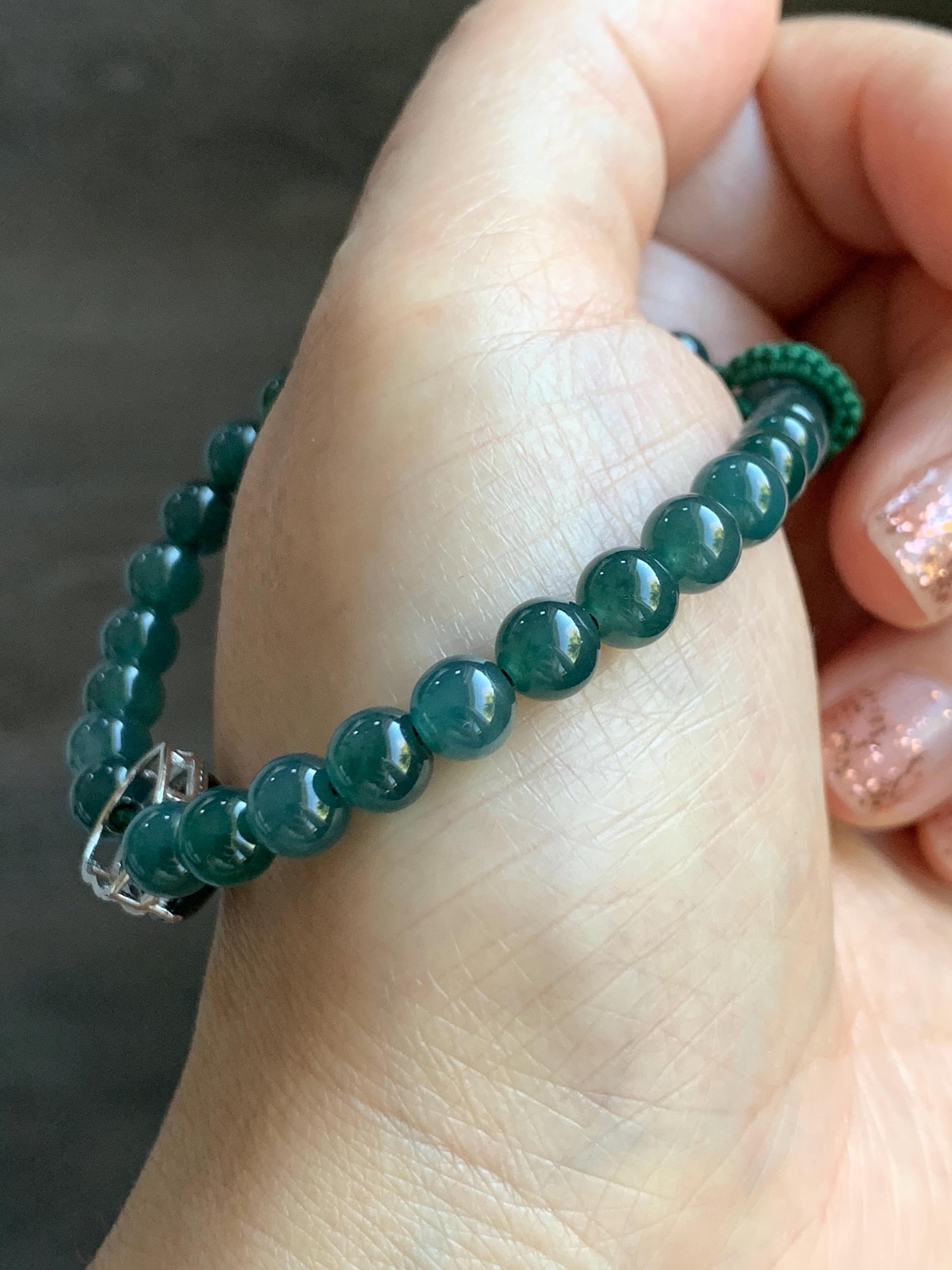 Natural Guatemalan Icy Translucent Dark Teal Blue Jade Jadeite Heart Charm Beaded Bracelet Sterling Silver 7” 天然冰危深蓝翡翠爱心潘多拉圆珠手串 WAX168